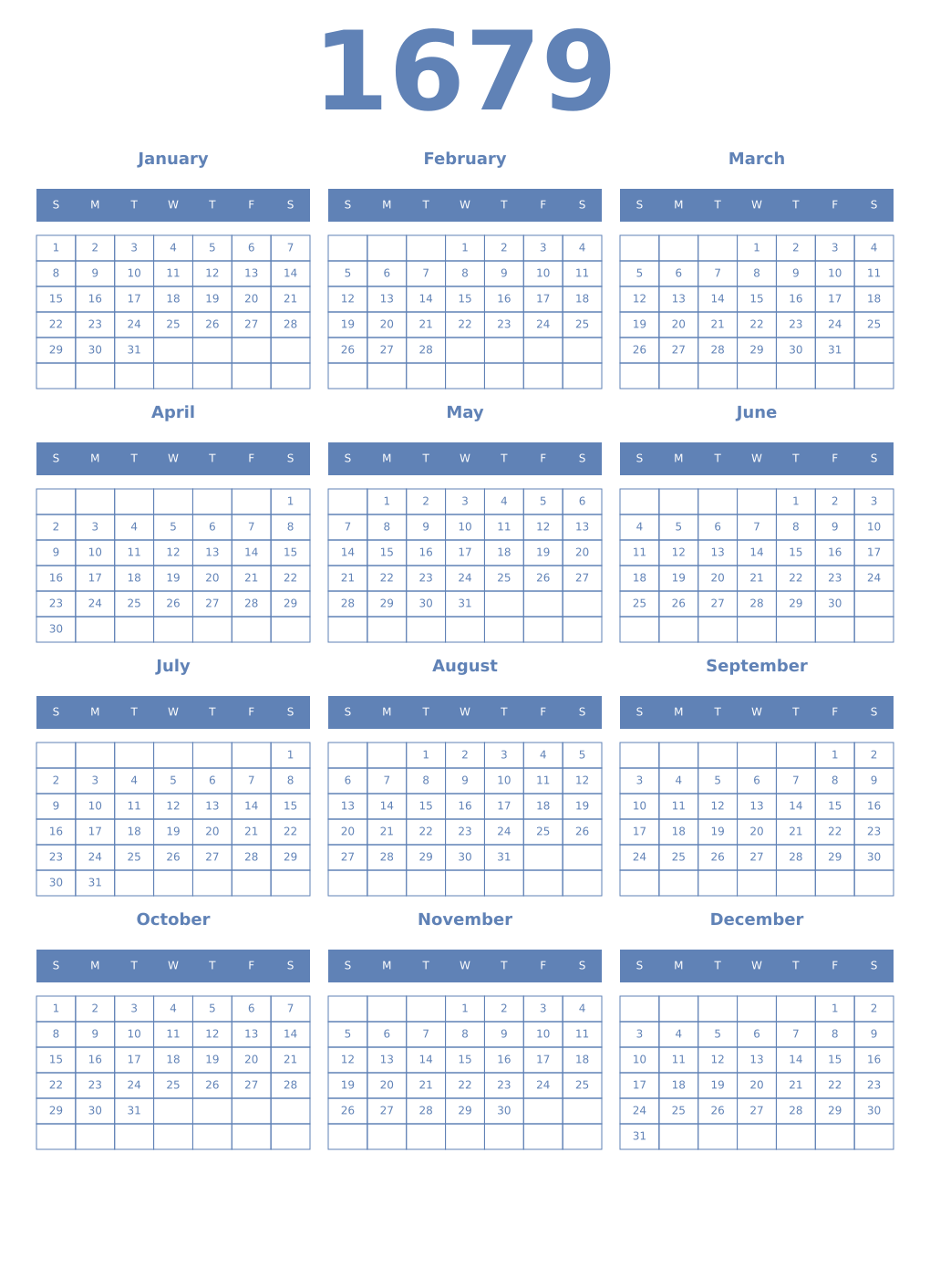 Printable 1679 Year Calendars glaucous