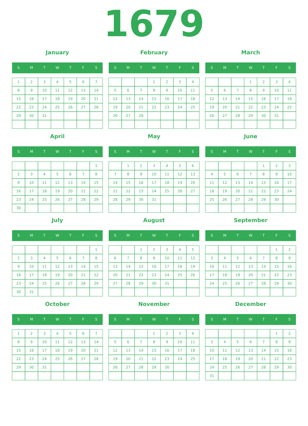 Printable 1679 Year Calendars green