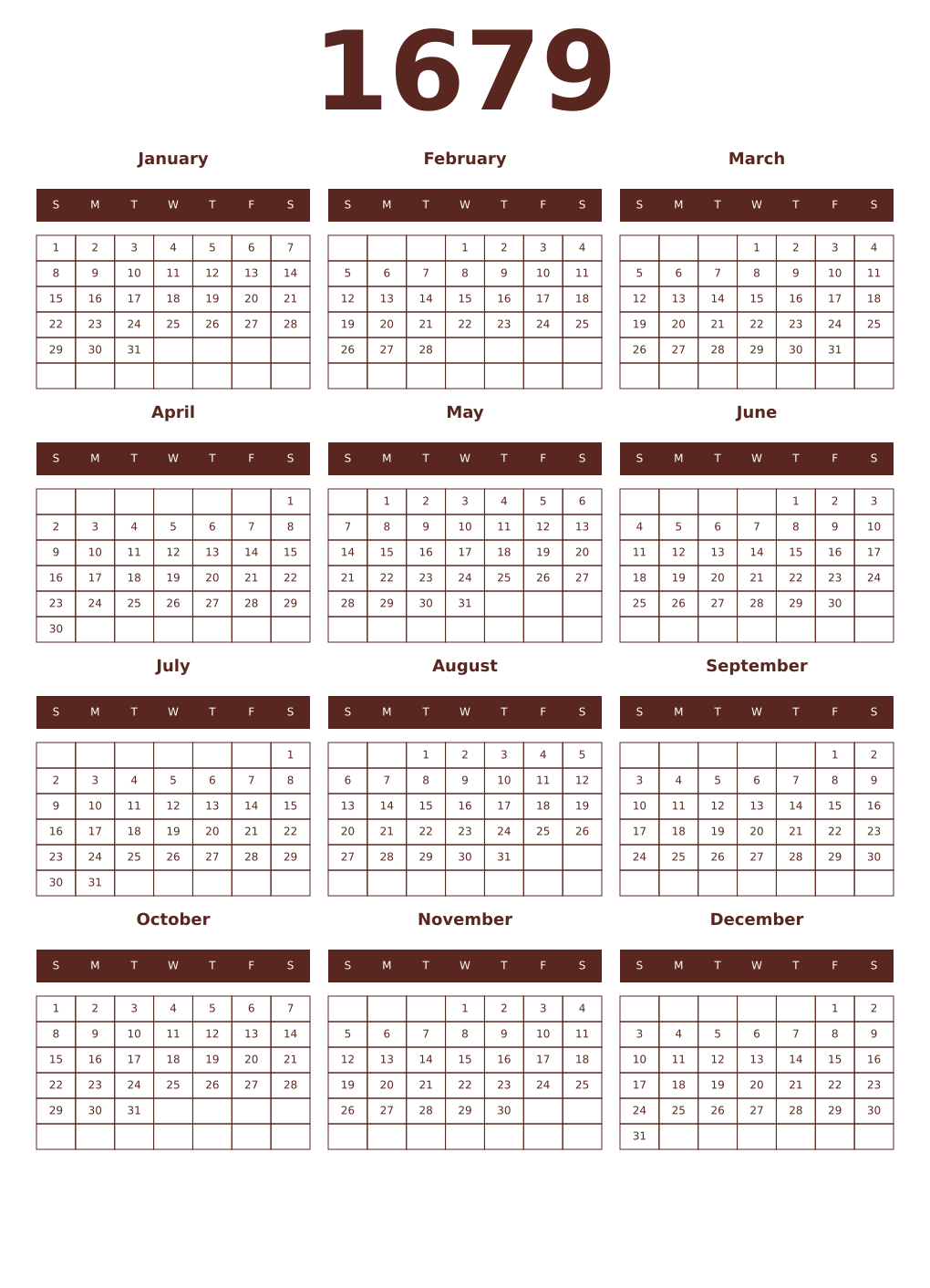 Printable 1679 Year Calendars mortuum