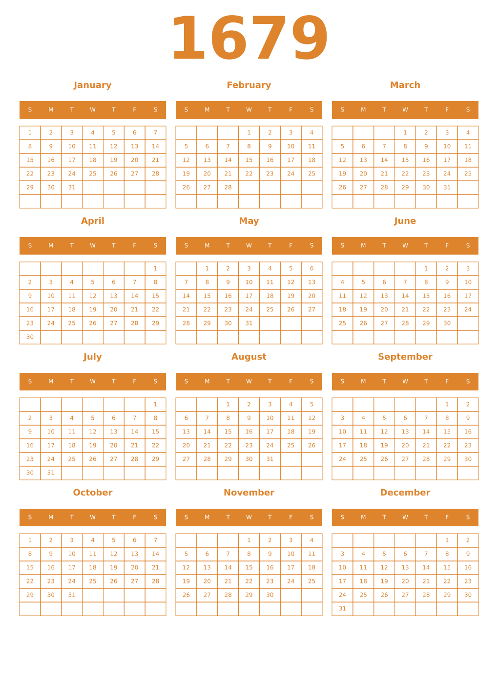 Printable 1679 Year Calendars orange