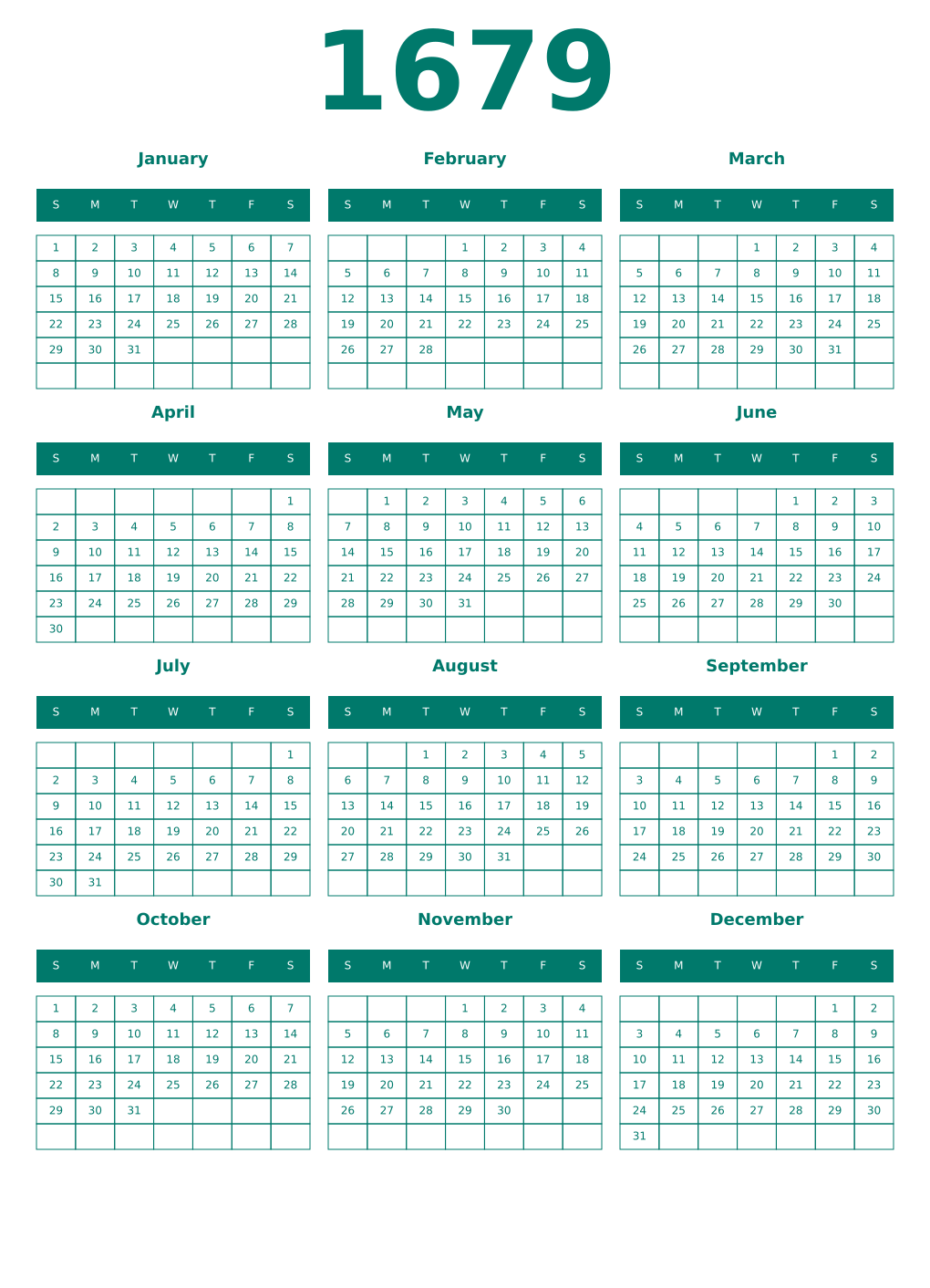 Printable 1679 Year Calendars pastel