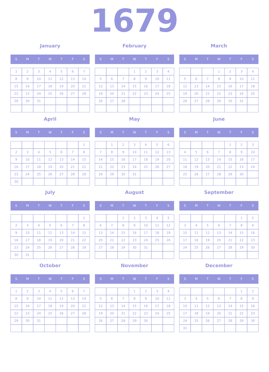 Printable 1679 Year Calendars periwinkle