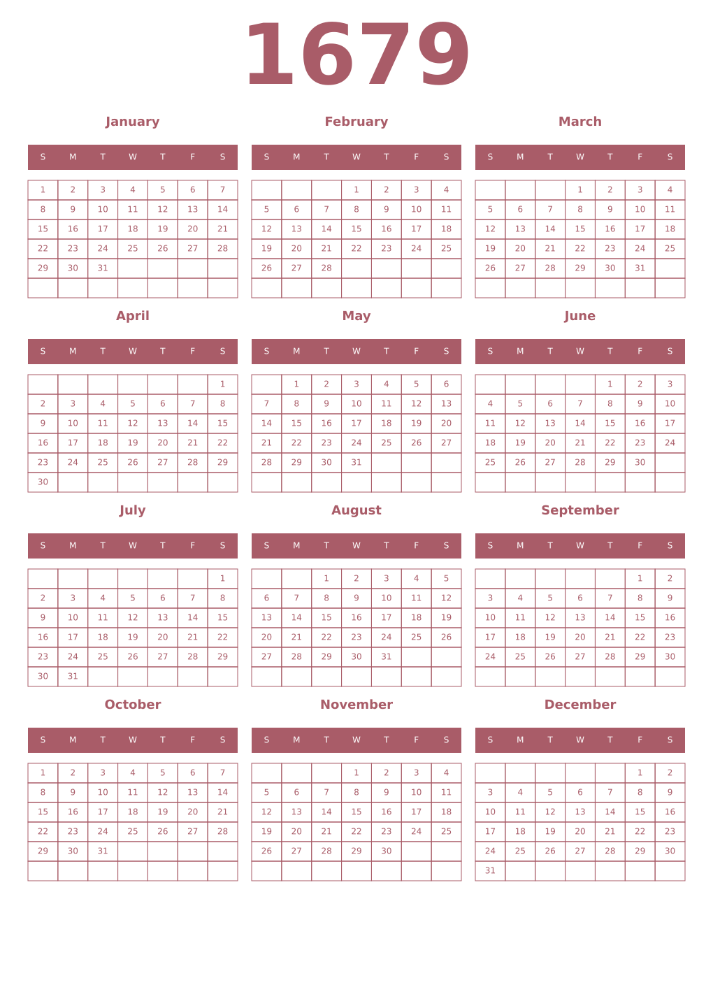 Printable 1679 Year Calendars puce