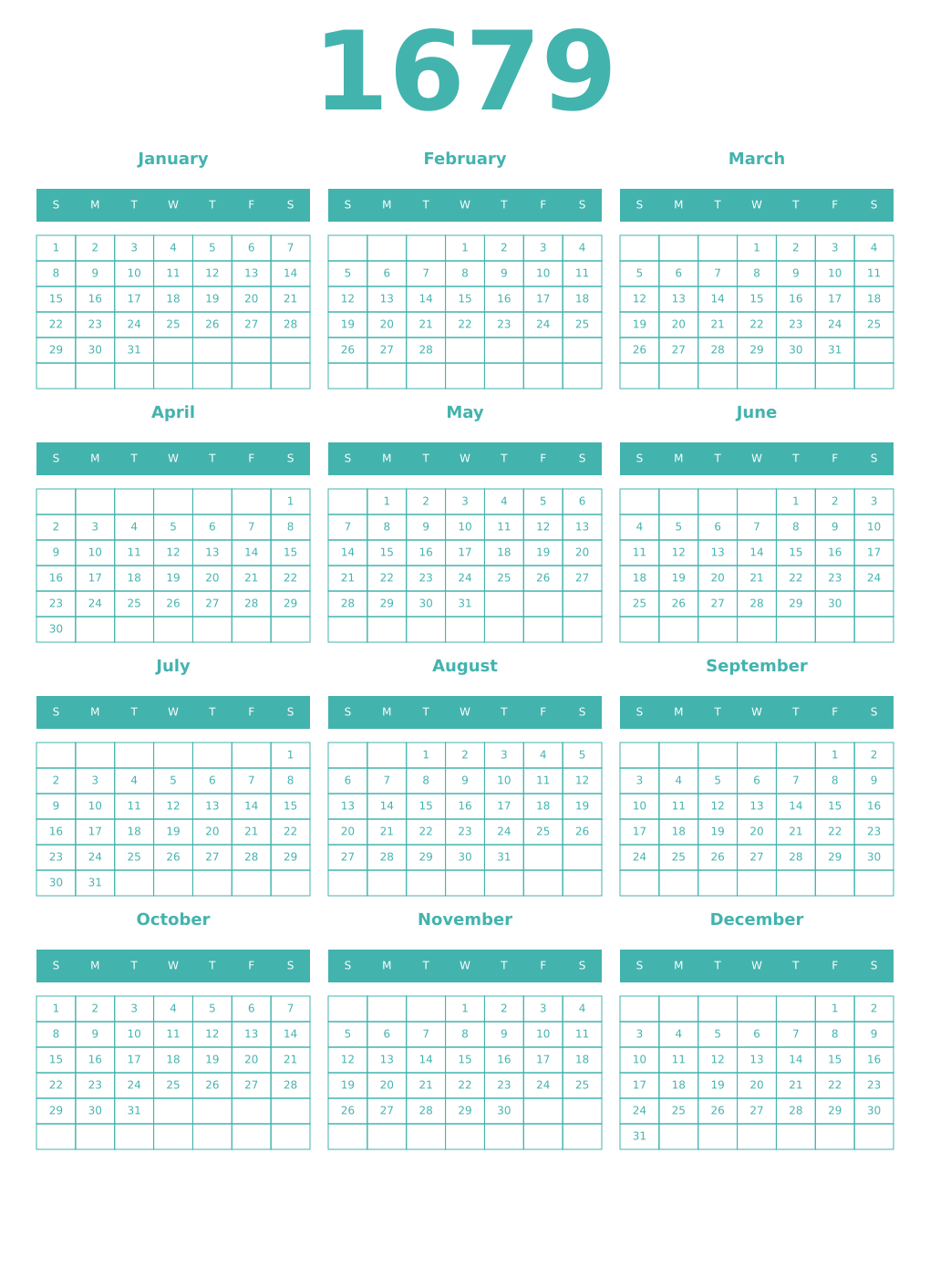 Printable 1679 Year Calendars verdigris