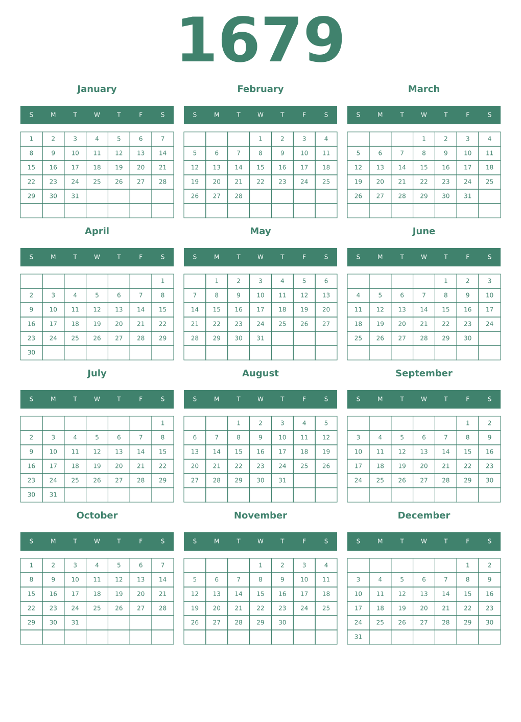 Printable 1679 Year Calendars viridian