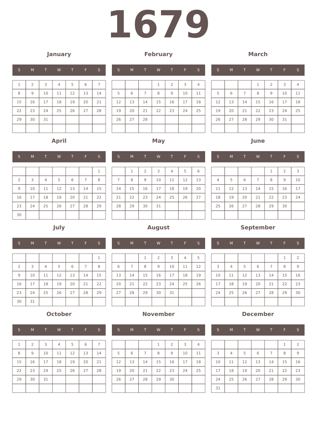 Printable 1679 Year Calendars wenge