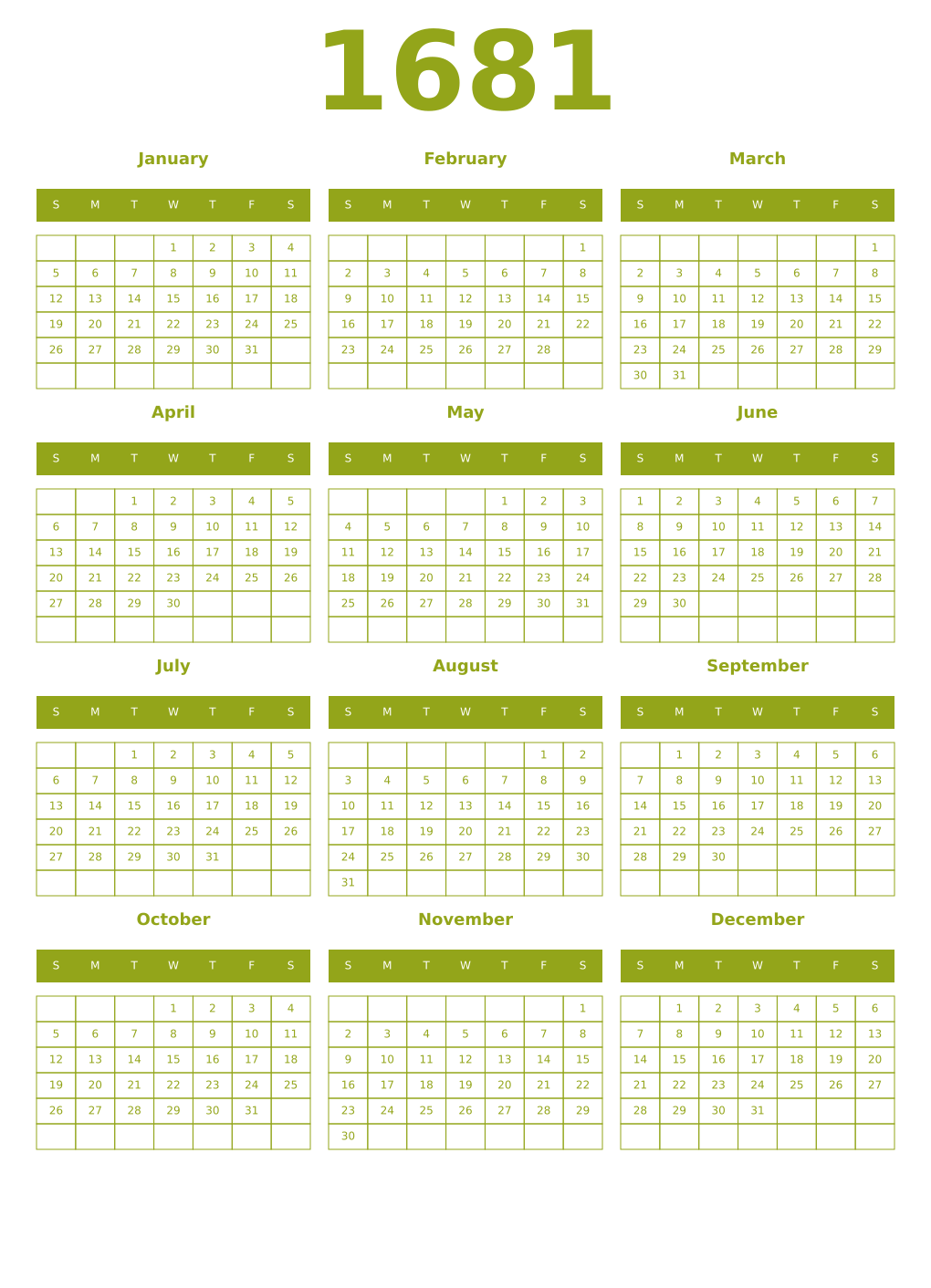 Printable 1681 Year Calendars chartreuse