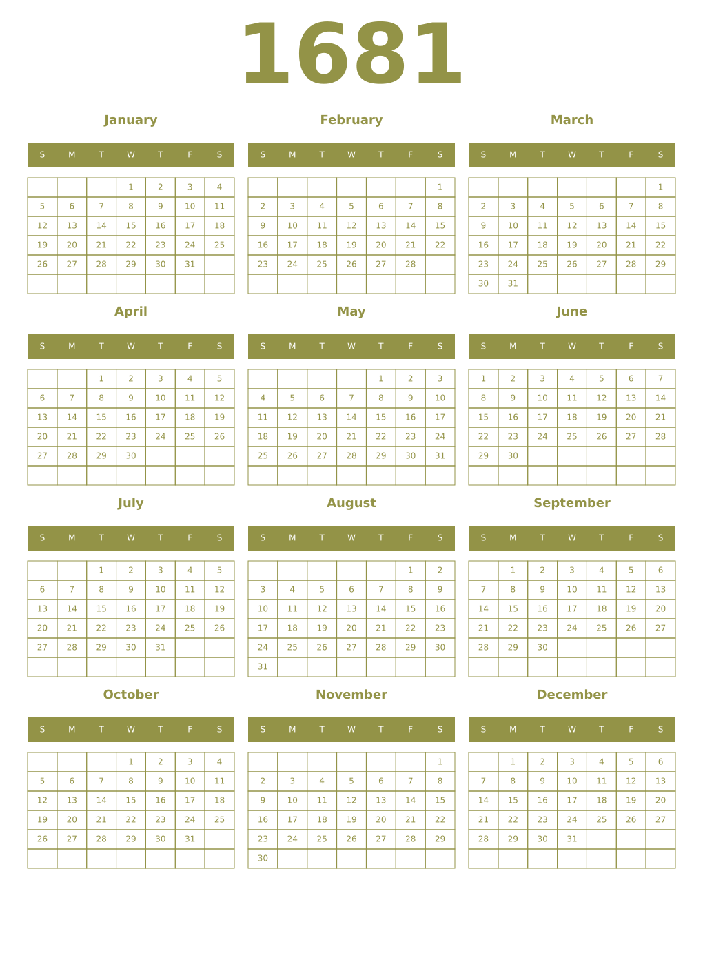 Printable 1681 Year Calendars eburnean