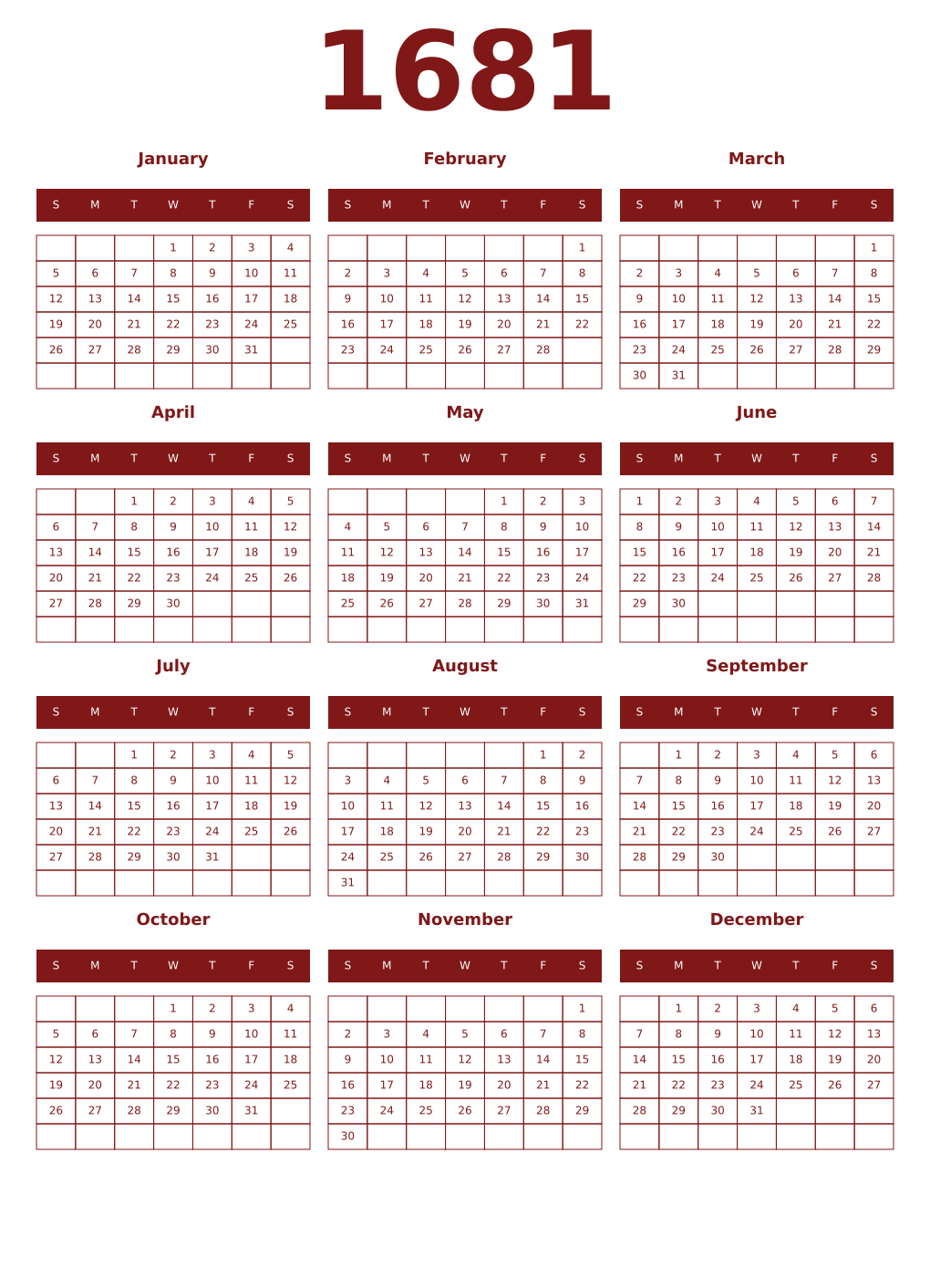 Printable 1681 Year Calendars falu