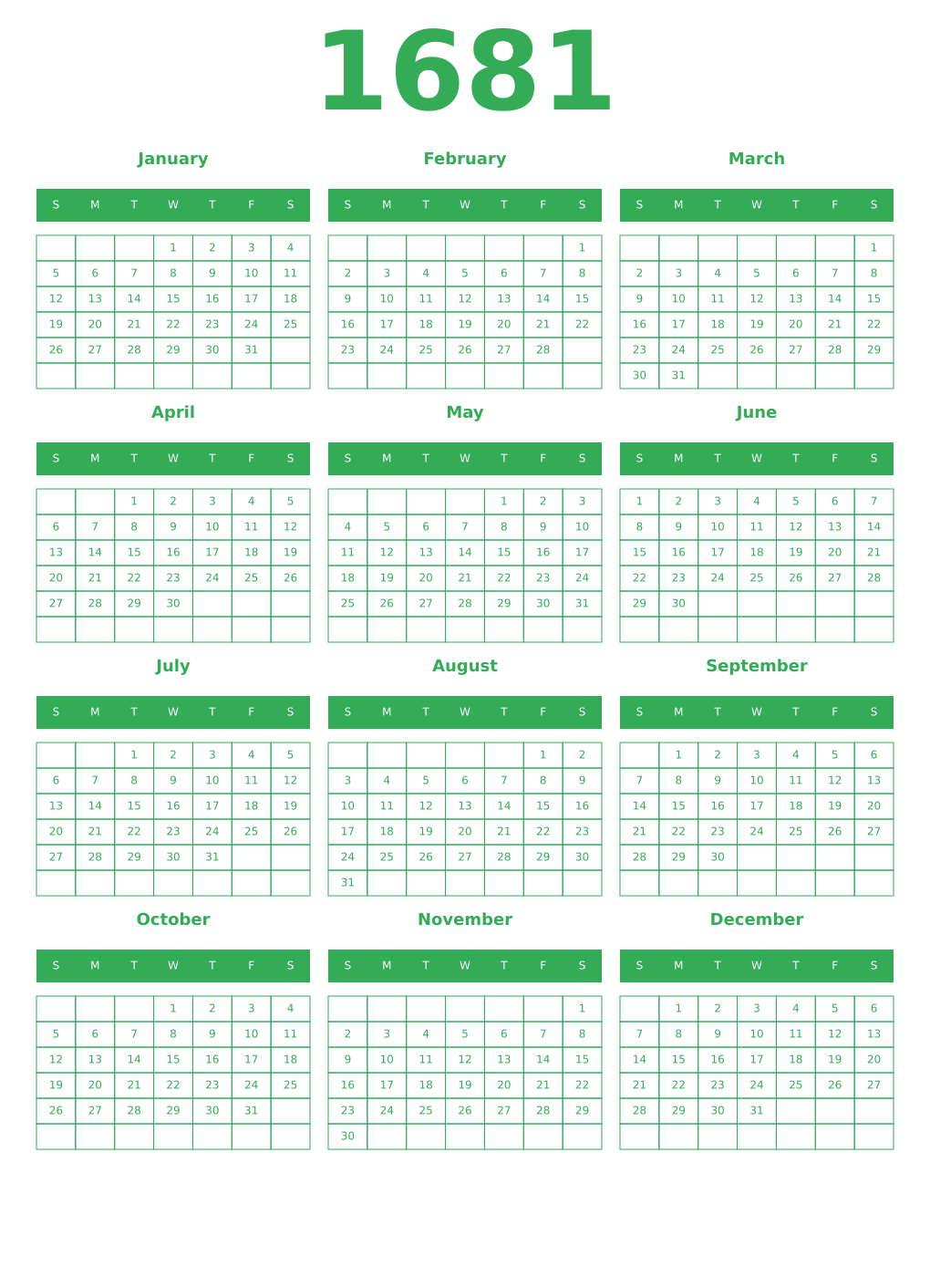 Printable 1681 Year Calendars green