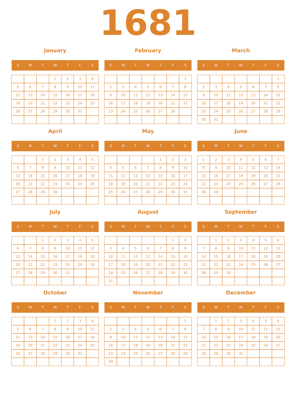 Printable 1681 Year Calendars orange
