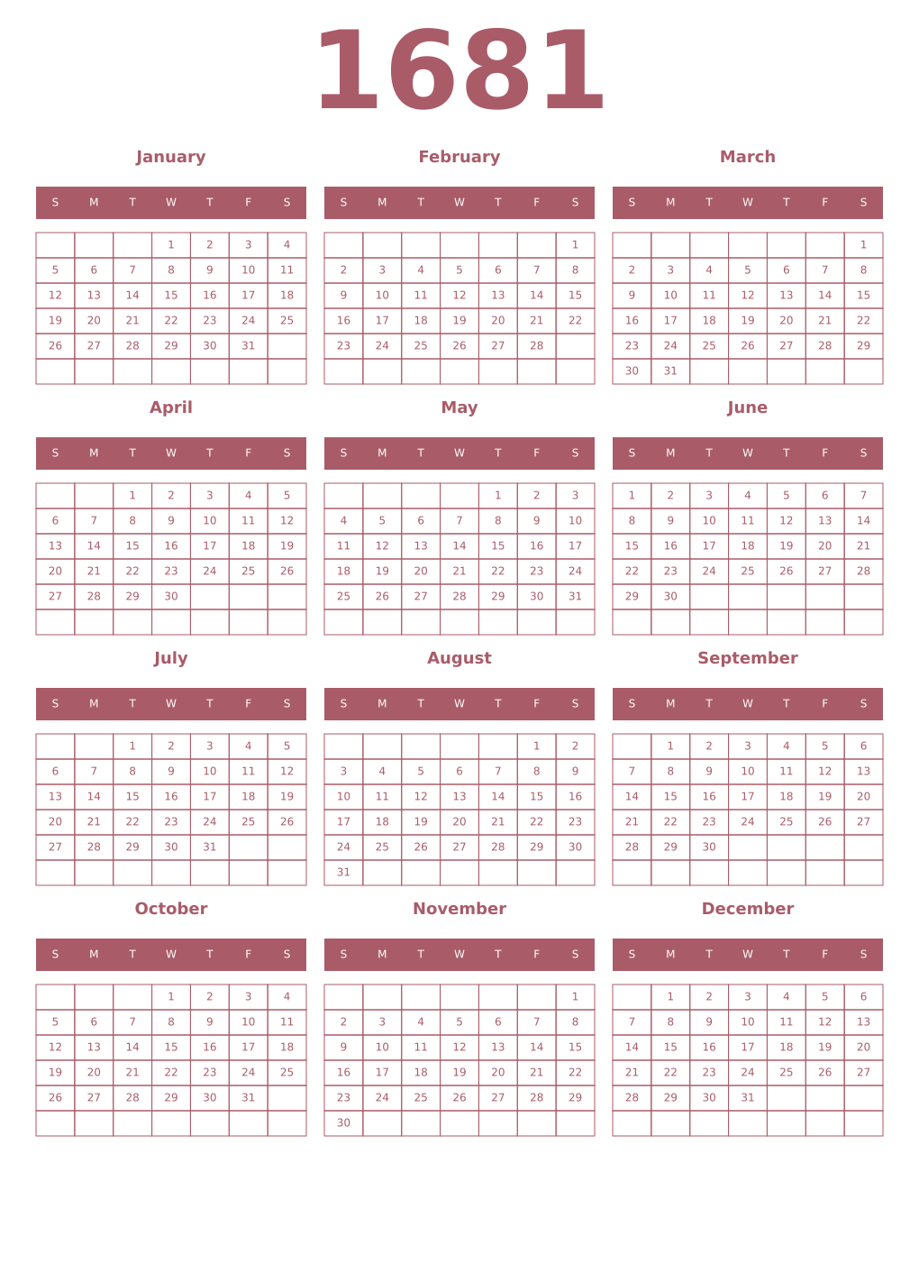 Printable 1681 Year Calendars puce