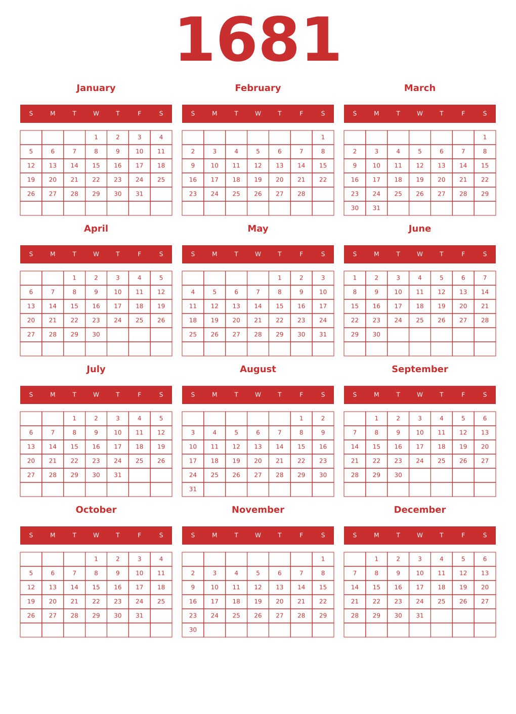 Printable 1681 Year Calendars red