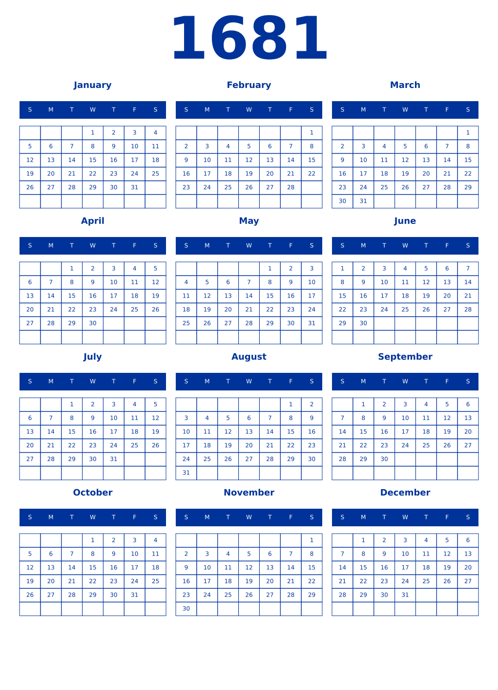 Printable 1681 Year Calendars smalt