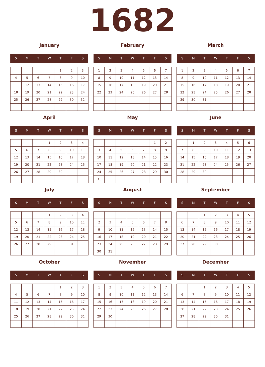 Printable 1682 Year Calendars mortuum