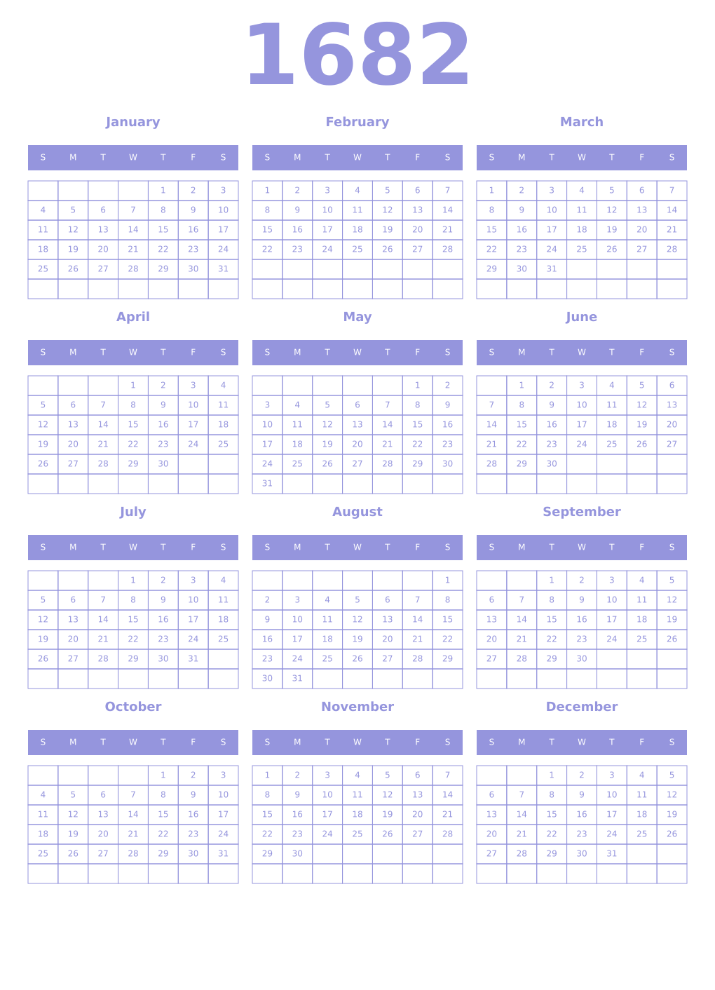 Printable 1682 Year Calendars periwinkle