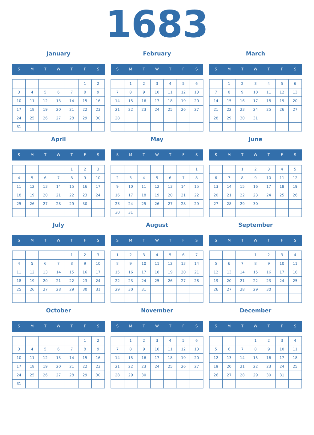 Printable 1683 Year Calendars blue