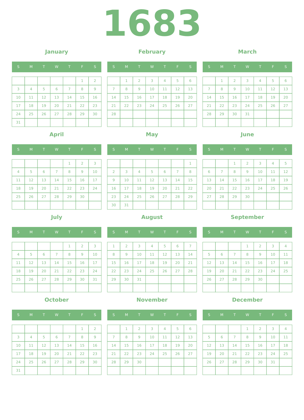 Printable 1683 Year Calendars celadon