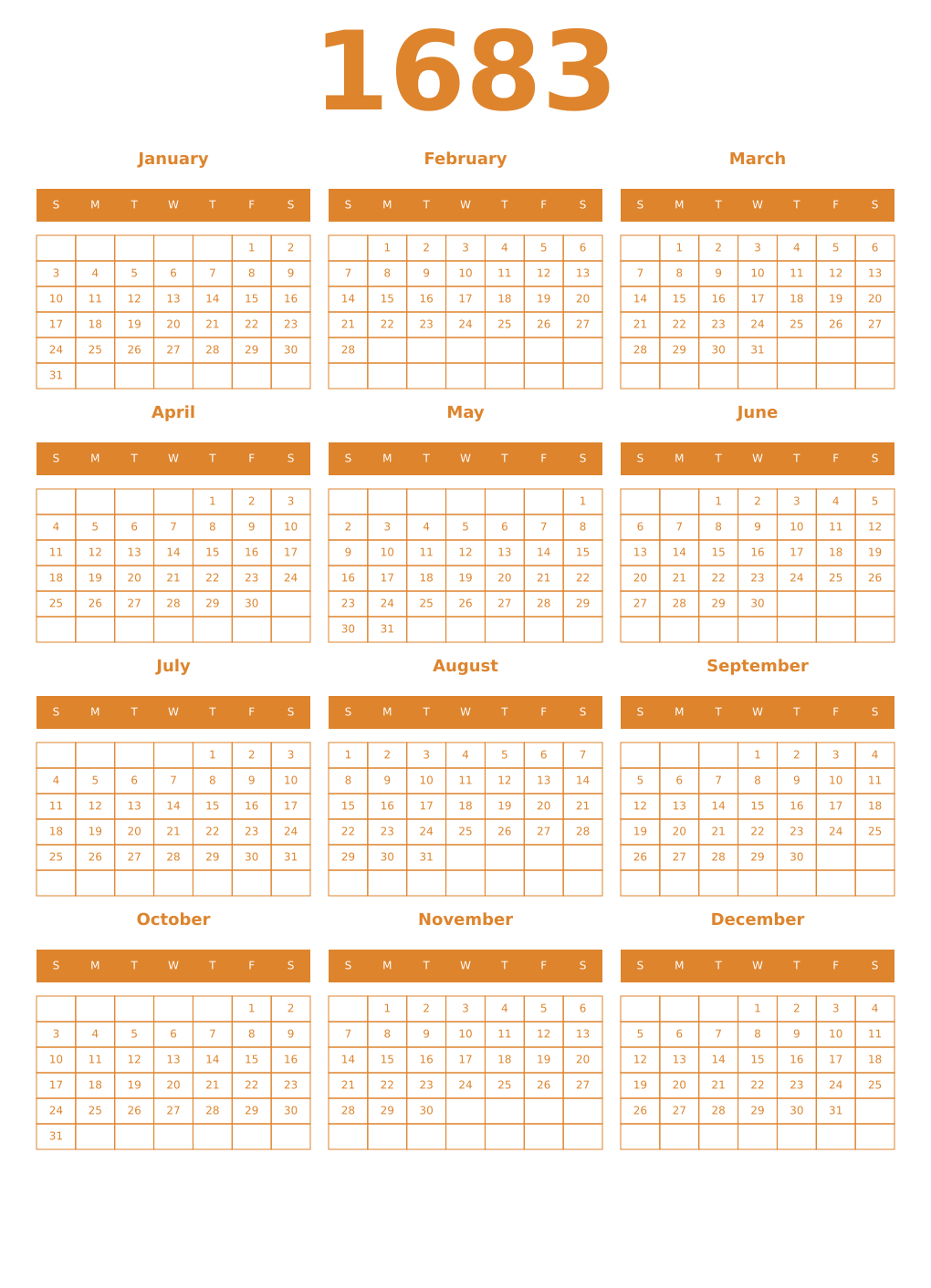 Printable 1683 Year Calendars orange