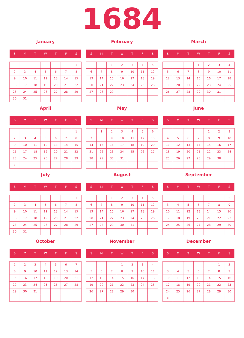 Printable 1684 Year Calendars amaranth
