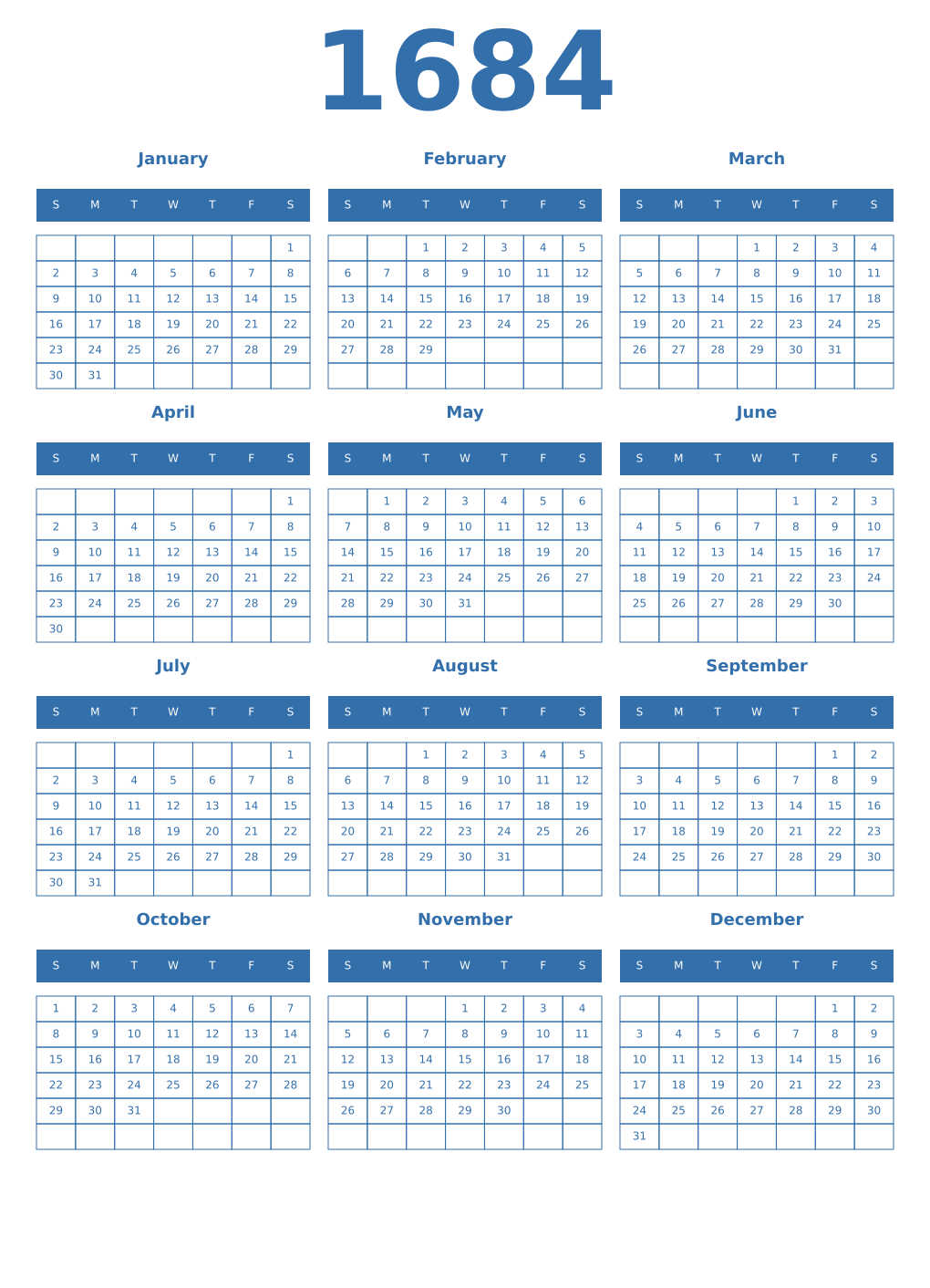 Printable 1684 Year Calendars blue