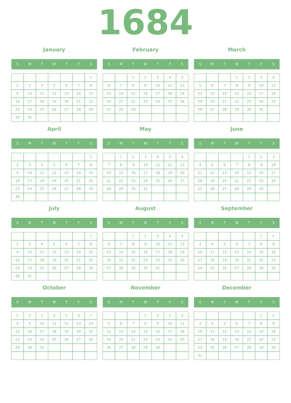 Printable 1684 Year Calendars celadon