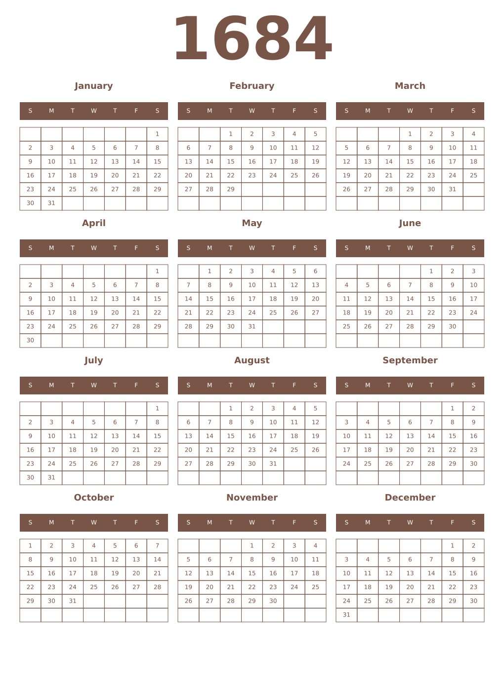 Printable 1684 Year Calendars coffe