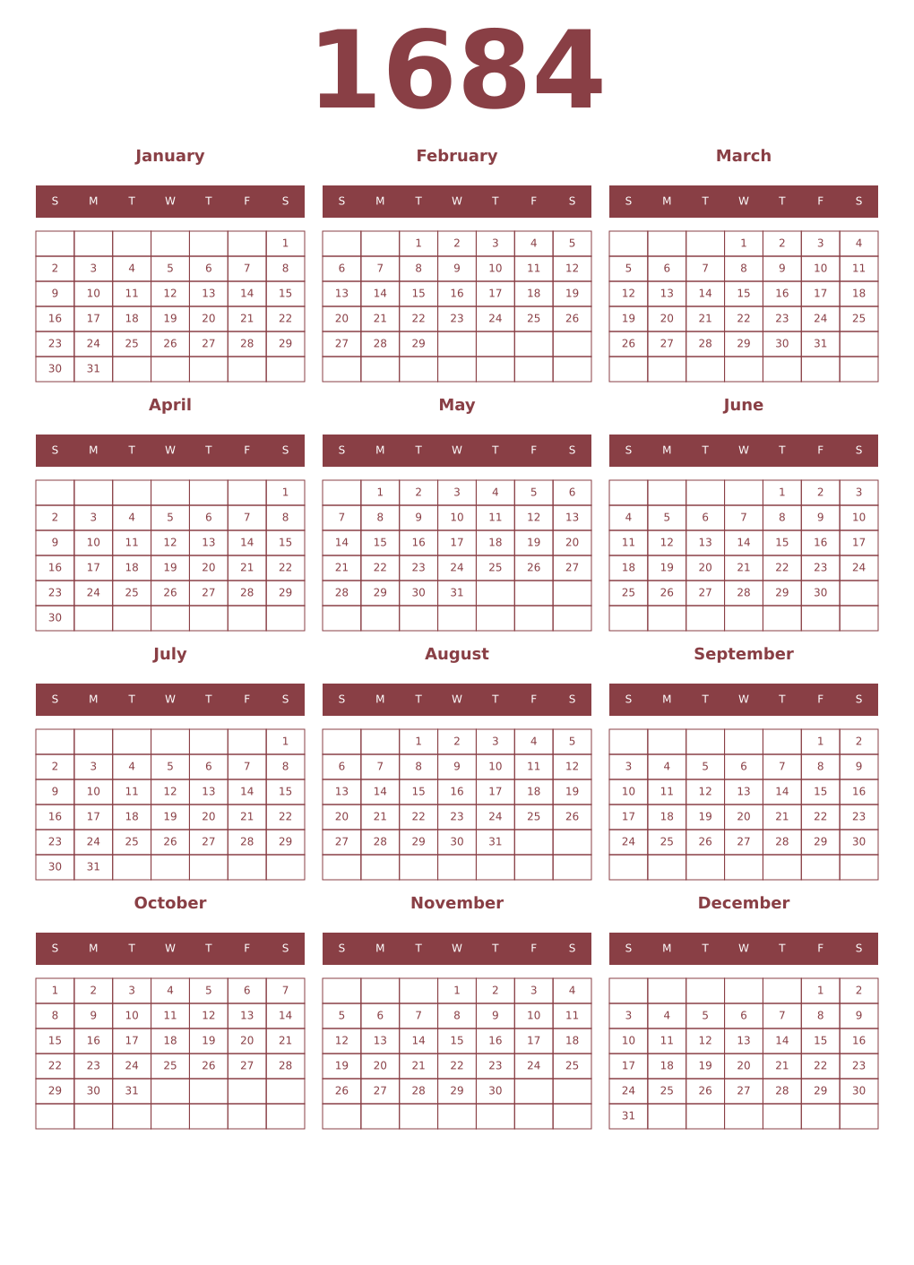 Printable 1684 Year Calendars cordovan