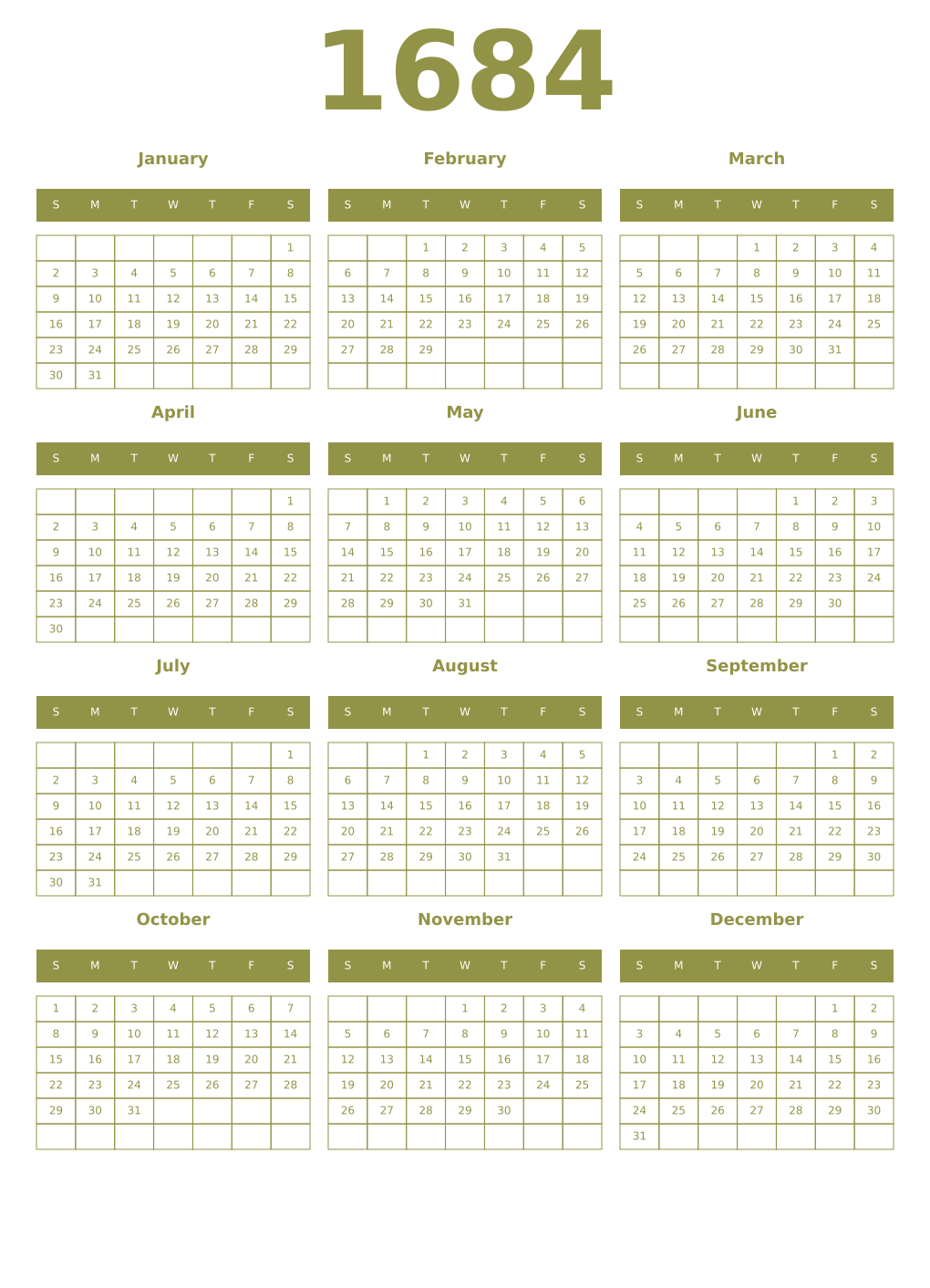 Printable 1684 Year Calendars eburnean