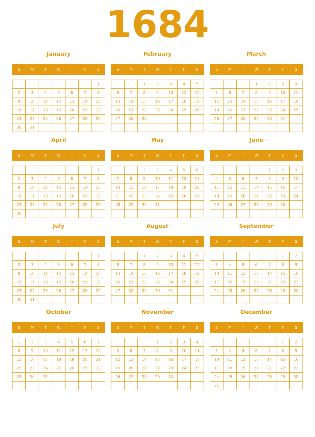Printable 1684 Year Calendars gamboge