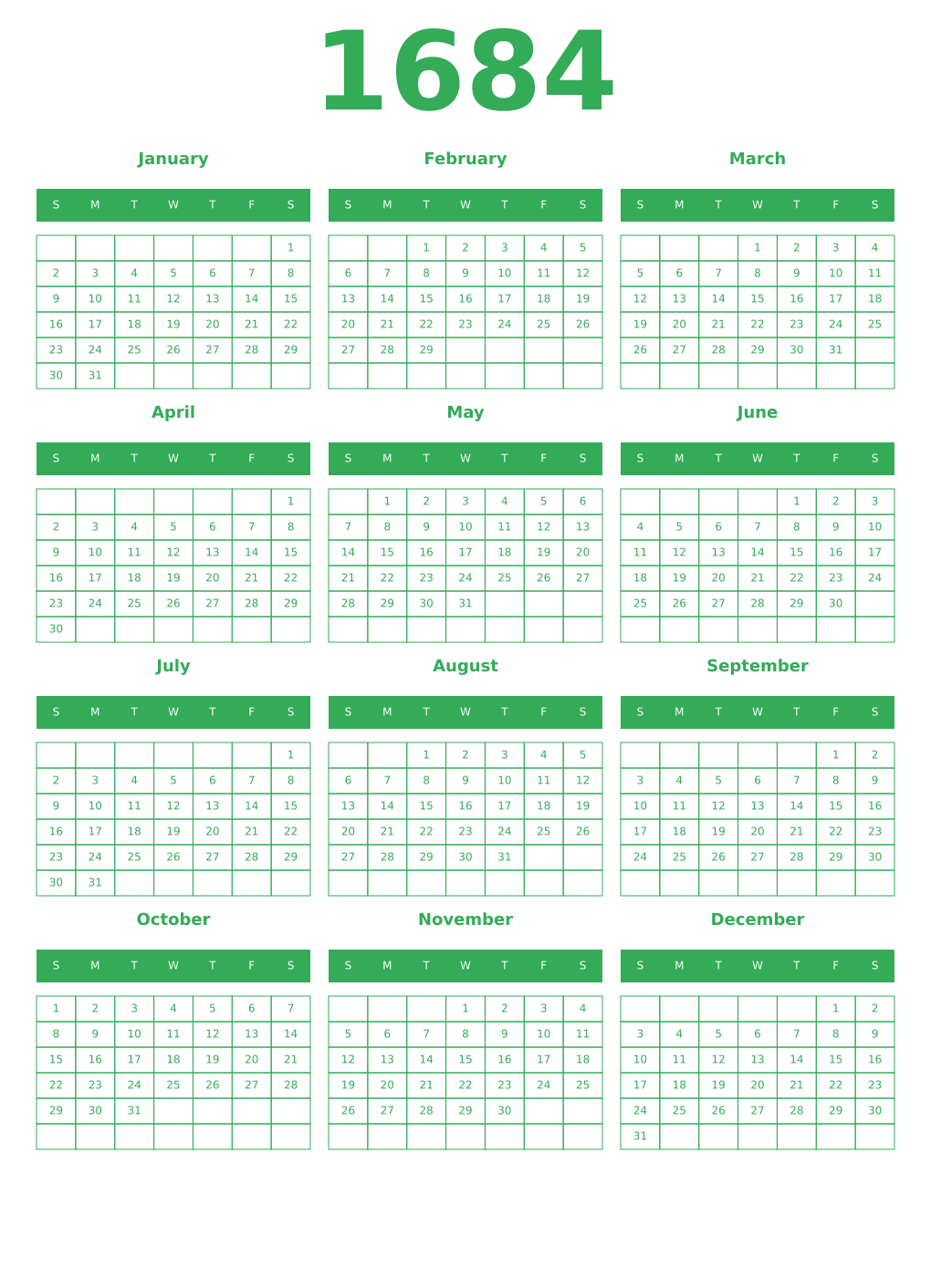 Printable 1684 Year Calendars green