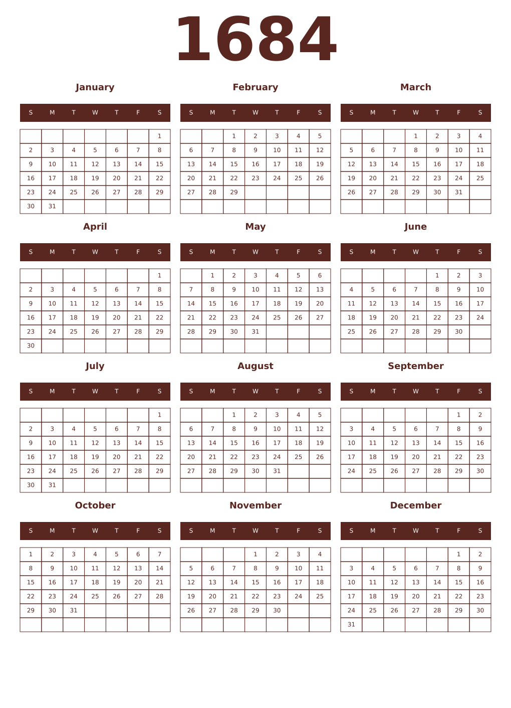 Printable 1684 Year Calendars mortuum