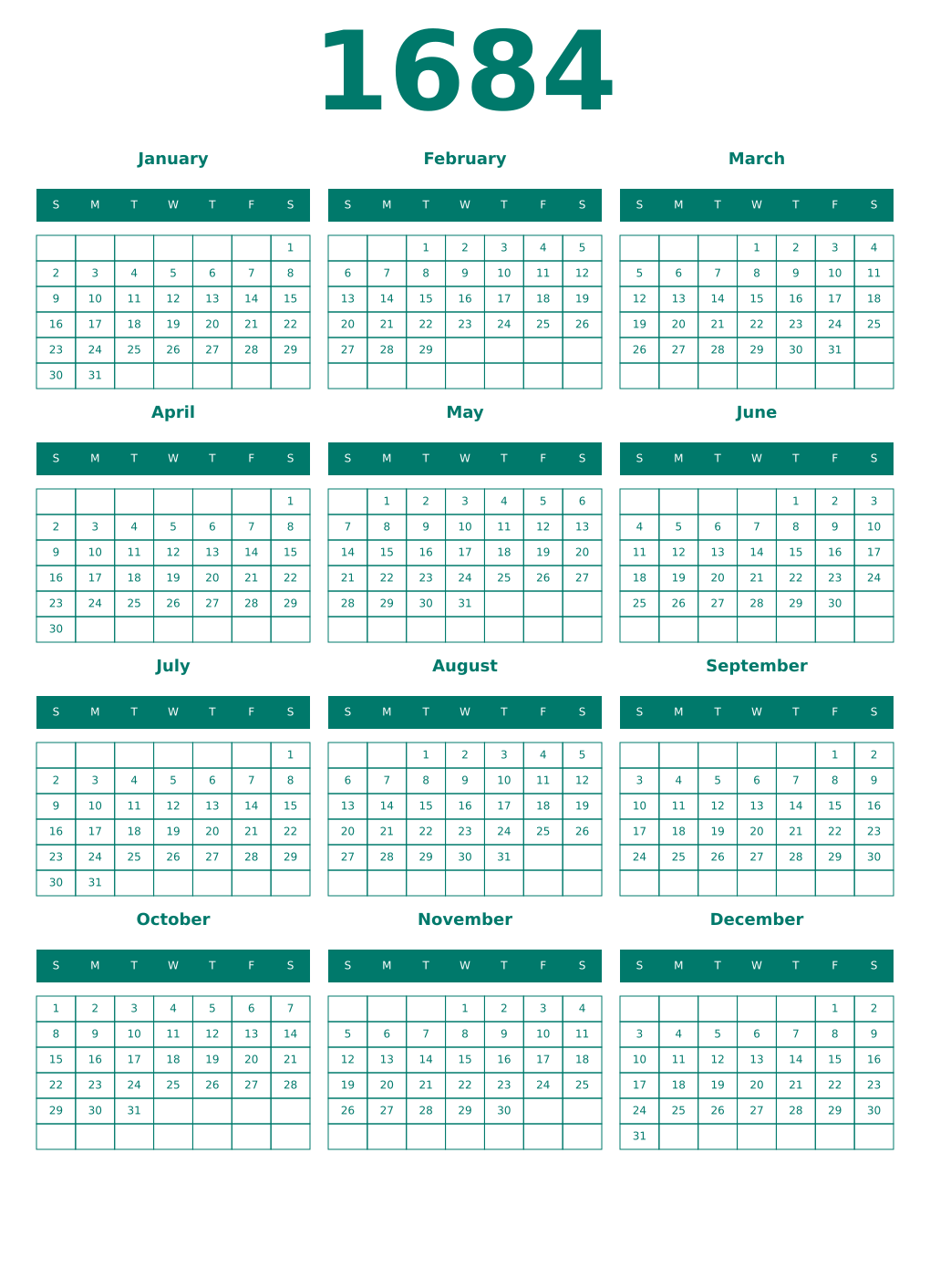 Printable 1684 Year Calendars pastel