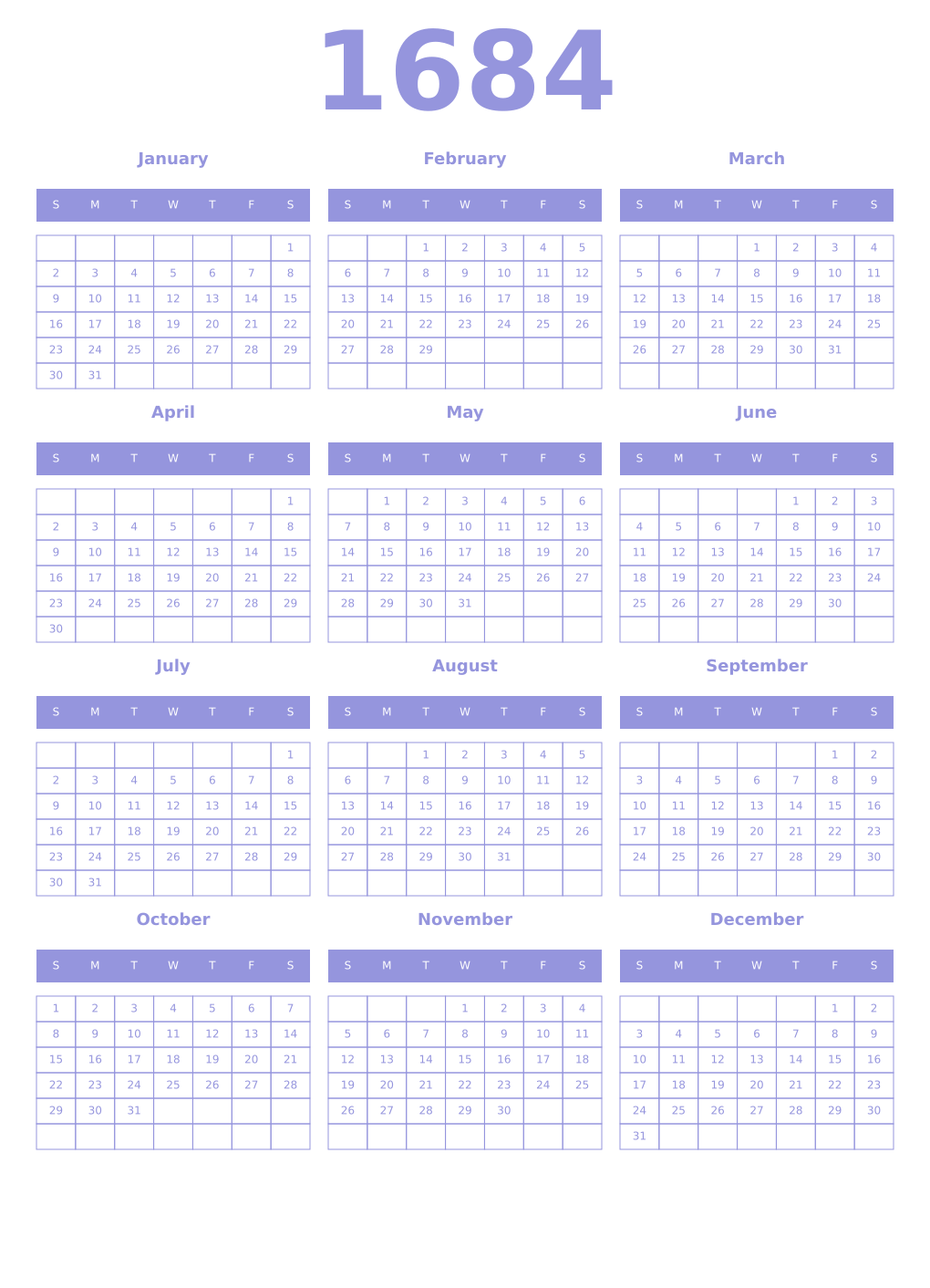 Printable 1684 Year Calendars periwinkle