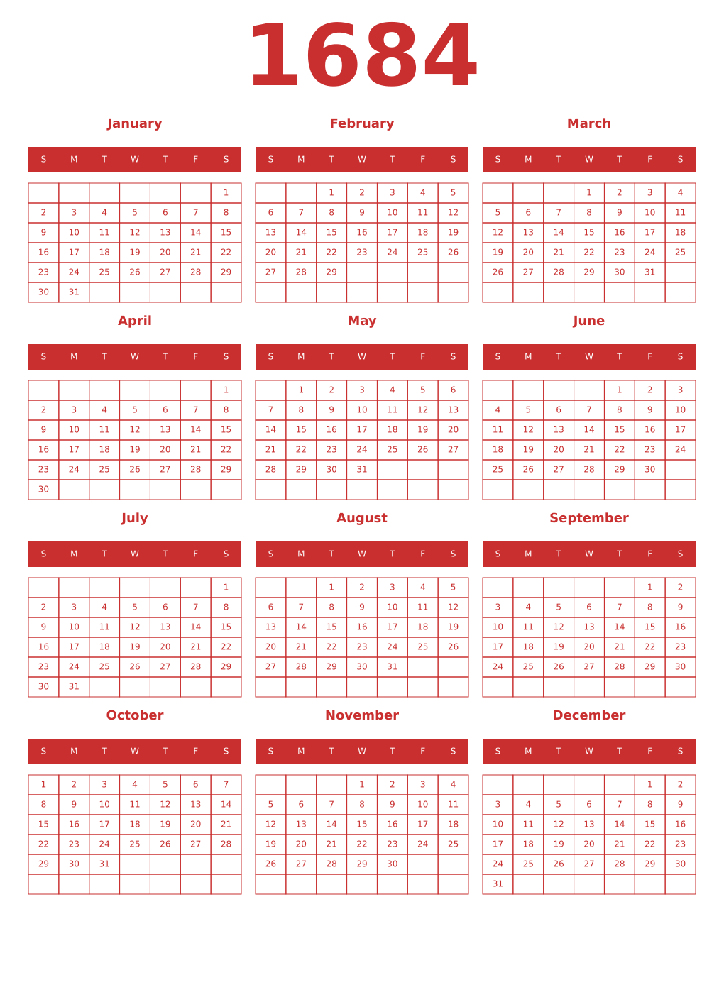Printable 1684 Year Calendars red