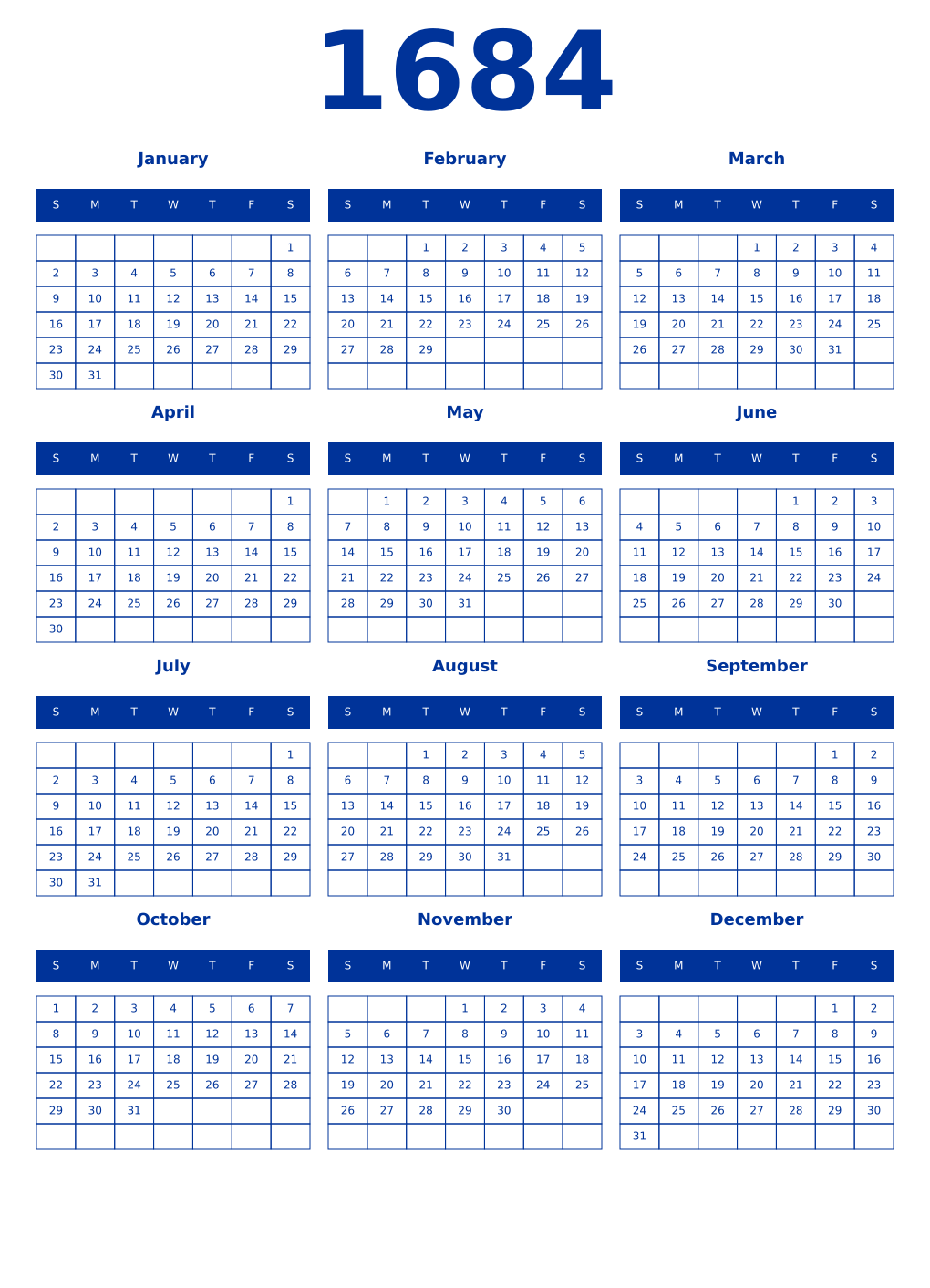 Printable 1684 Year Calendars smalt