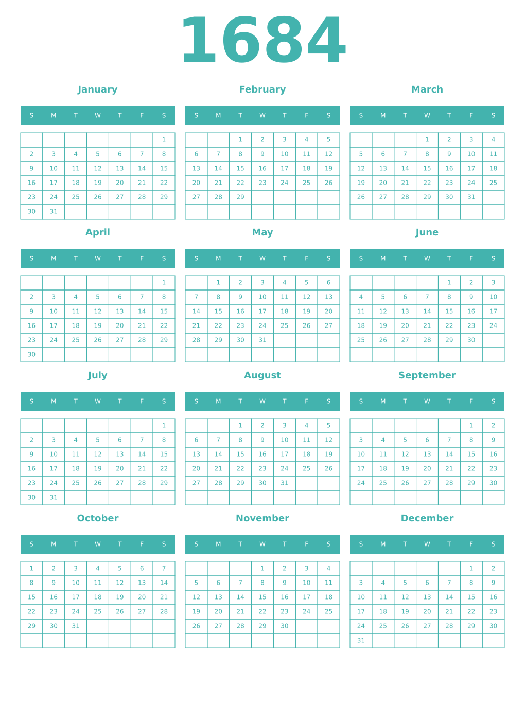 Printable 1684 Year Calendars verdigris
