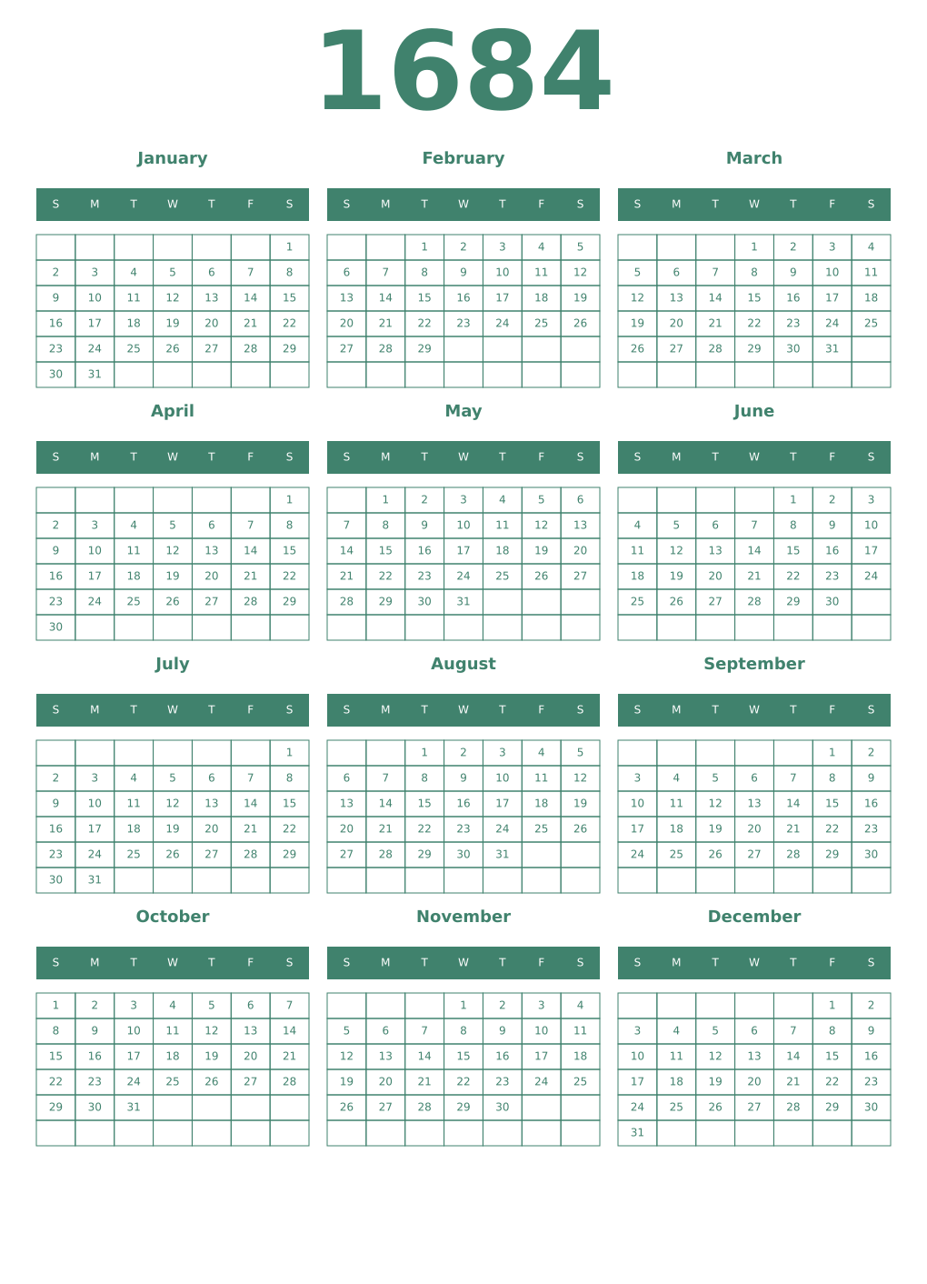 Printable 1684 Year Calendars viridian