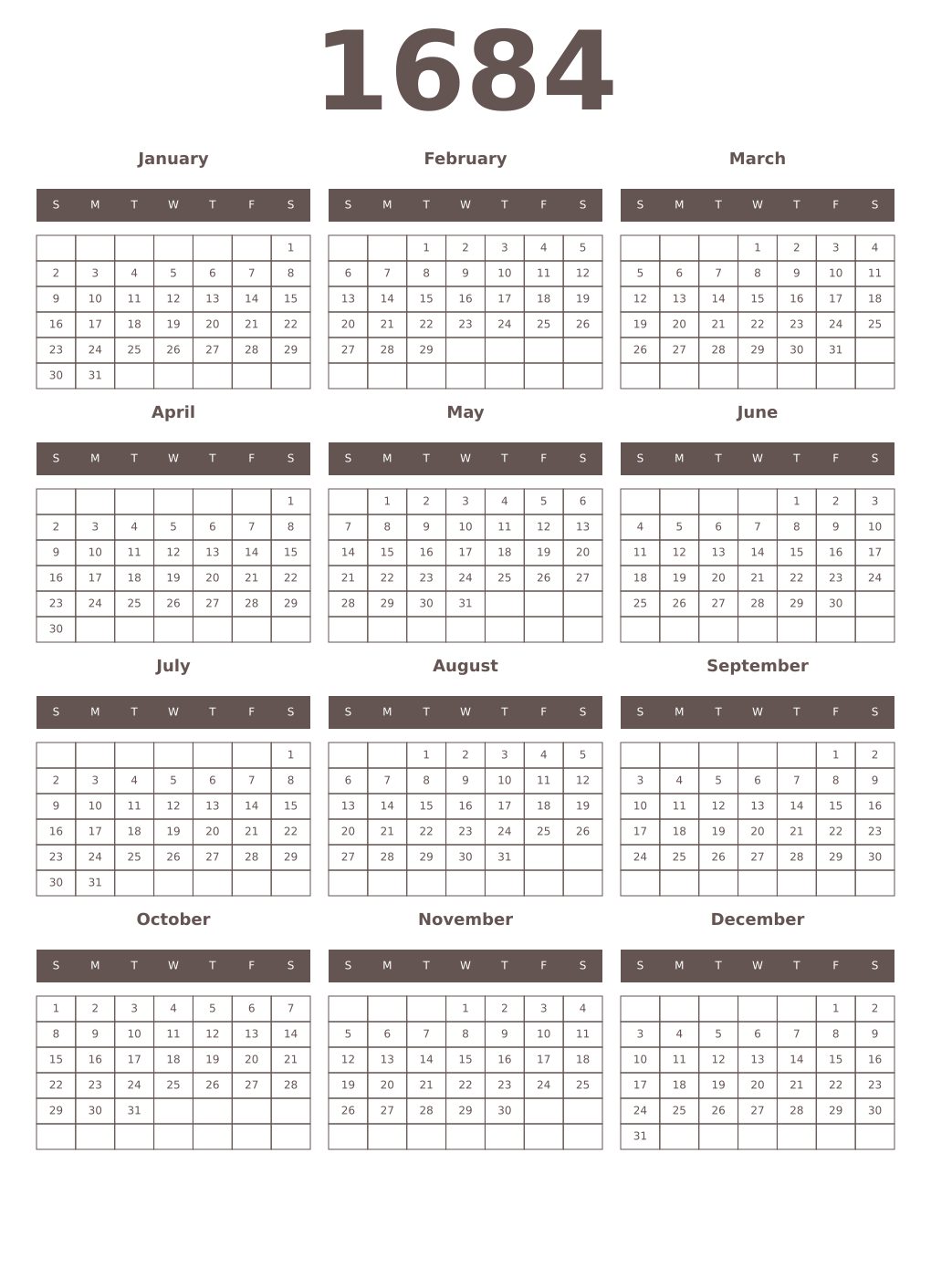 Printable 1684 Year Calendars wenge