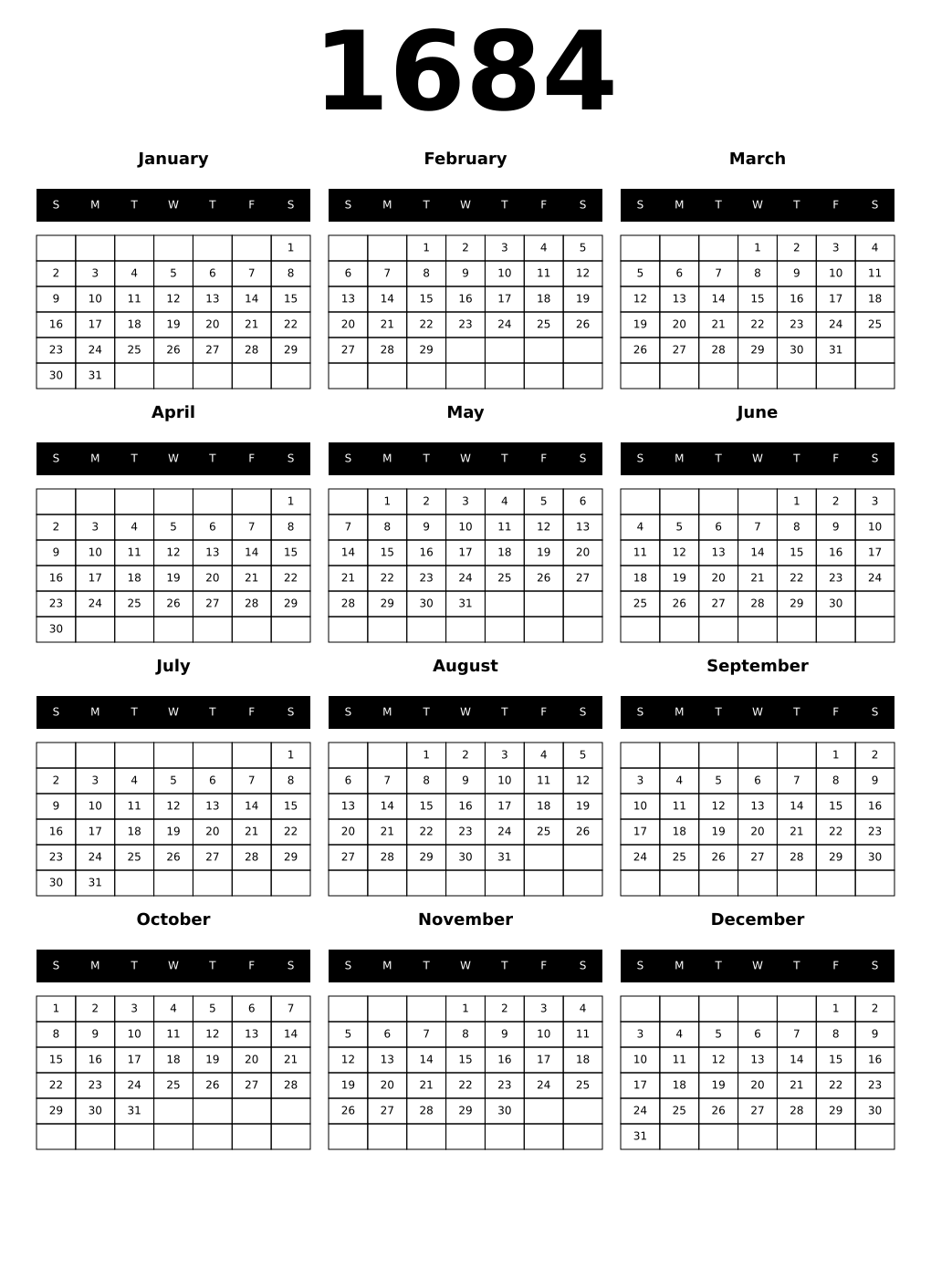 Printable 1684 Calendars