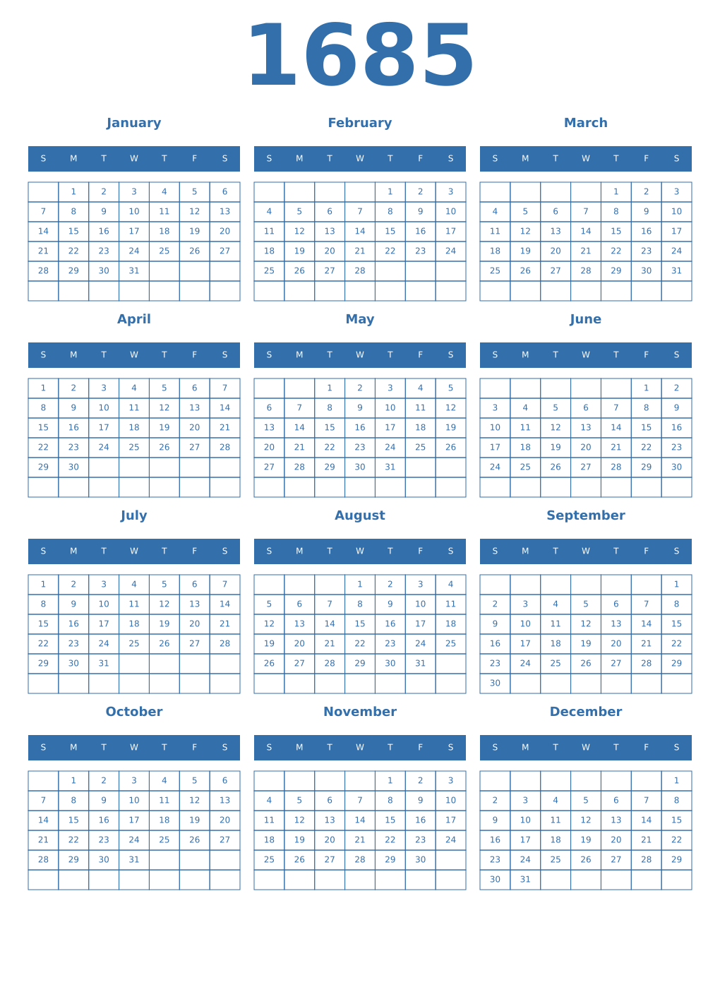 Printable 1685 Year Calendars blue