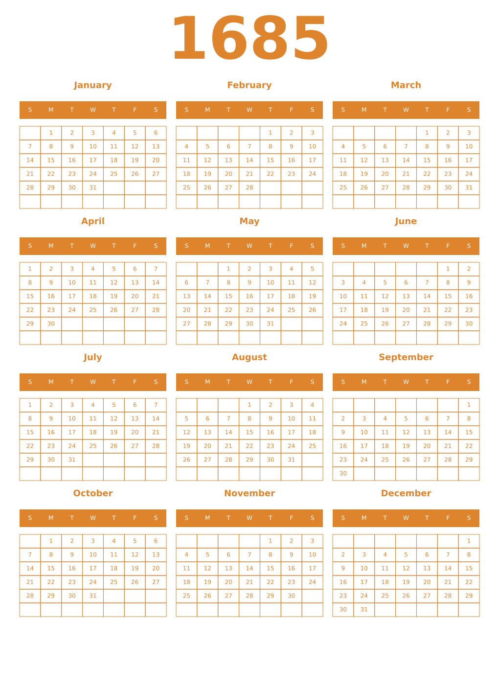 Printable 1685 Year Calendars orange