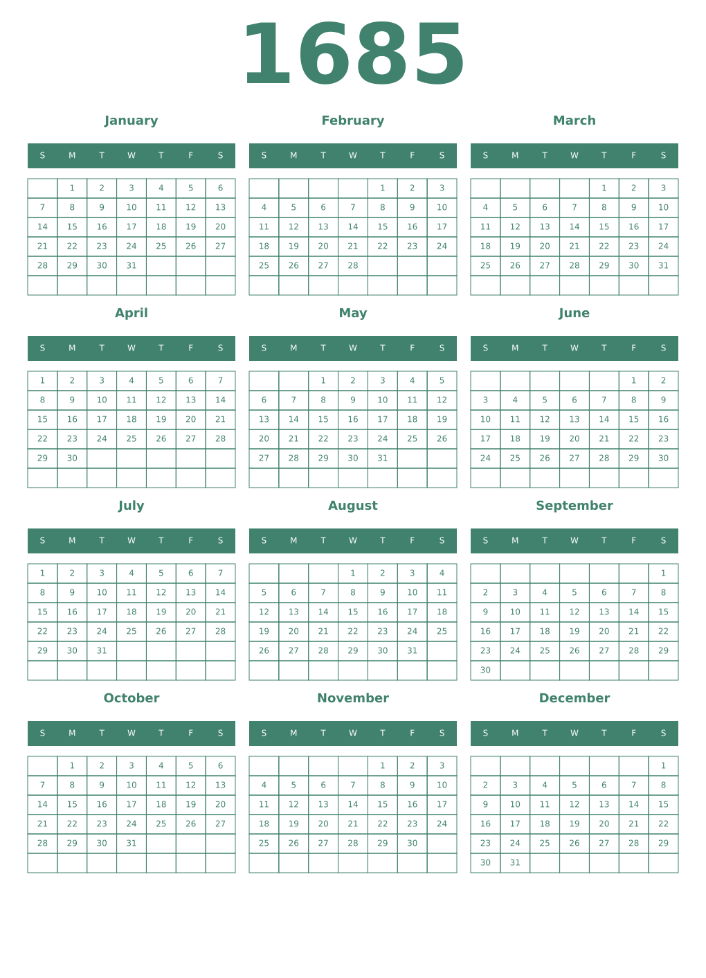 Printable 1685 Year Calendars viridian