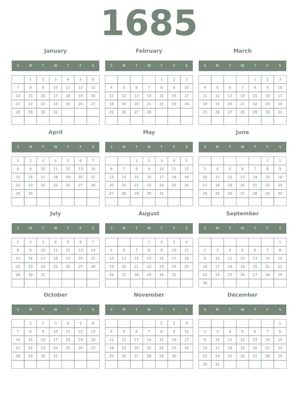 Printable 1685 Year Calendars xanadu