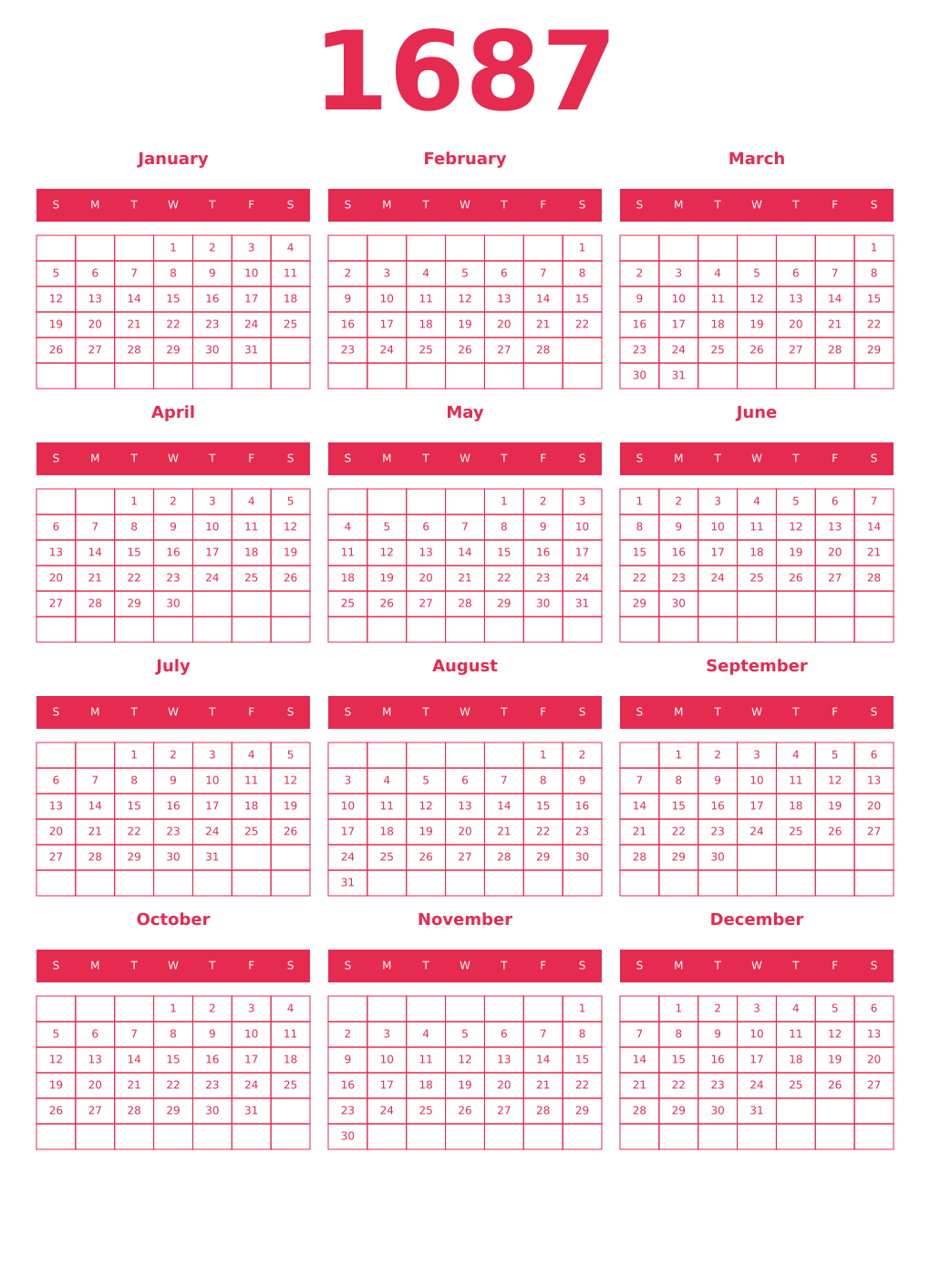 Printable 1687 Year Calendars amaranth