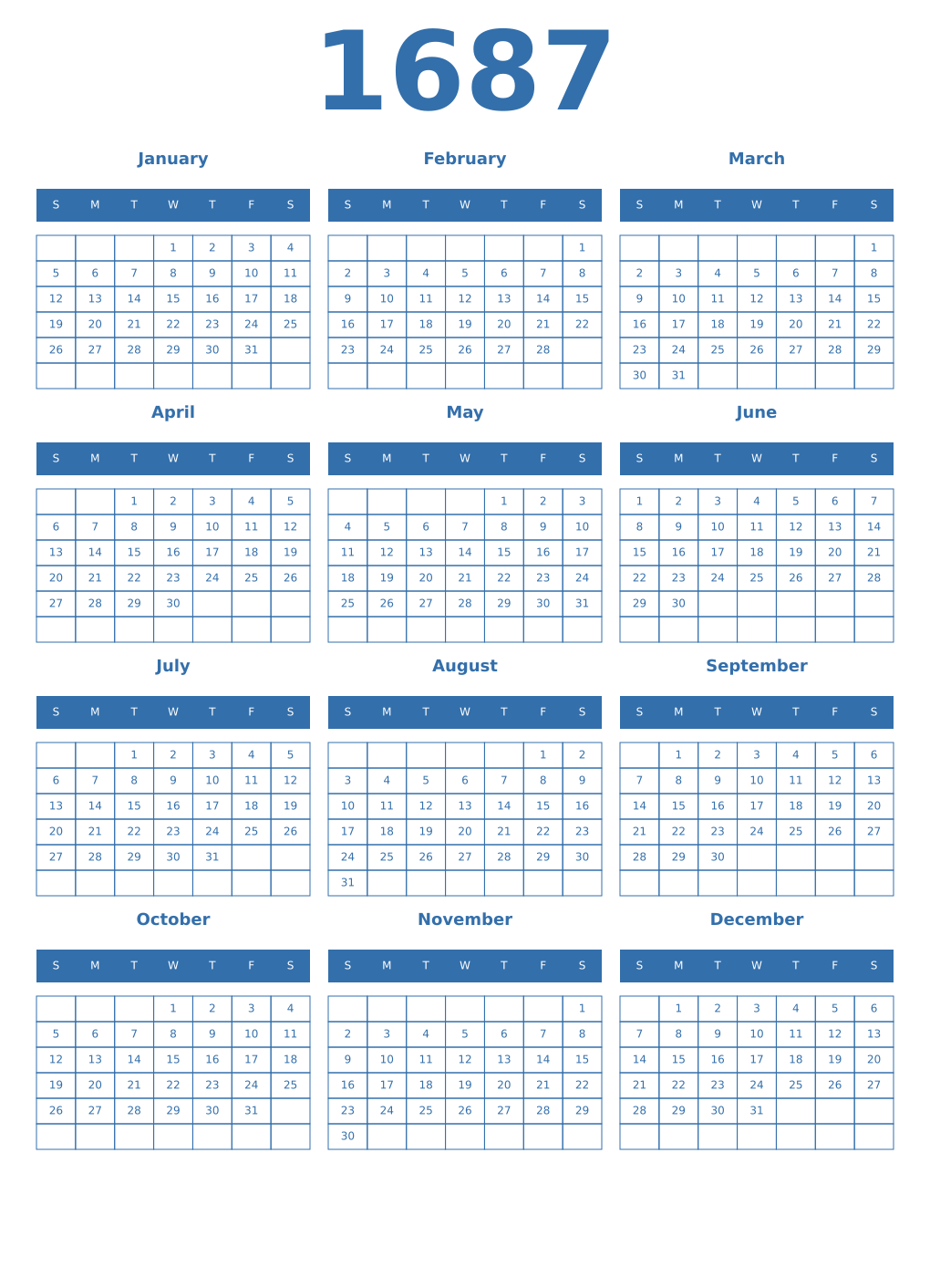 Printable 1687 Year Calendars blue