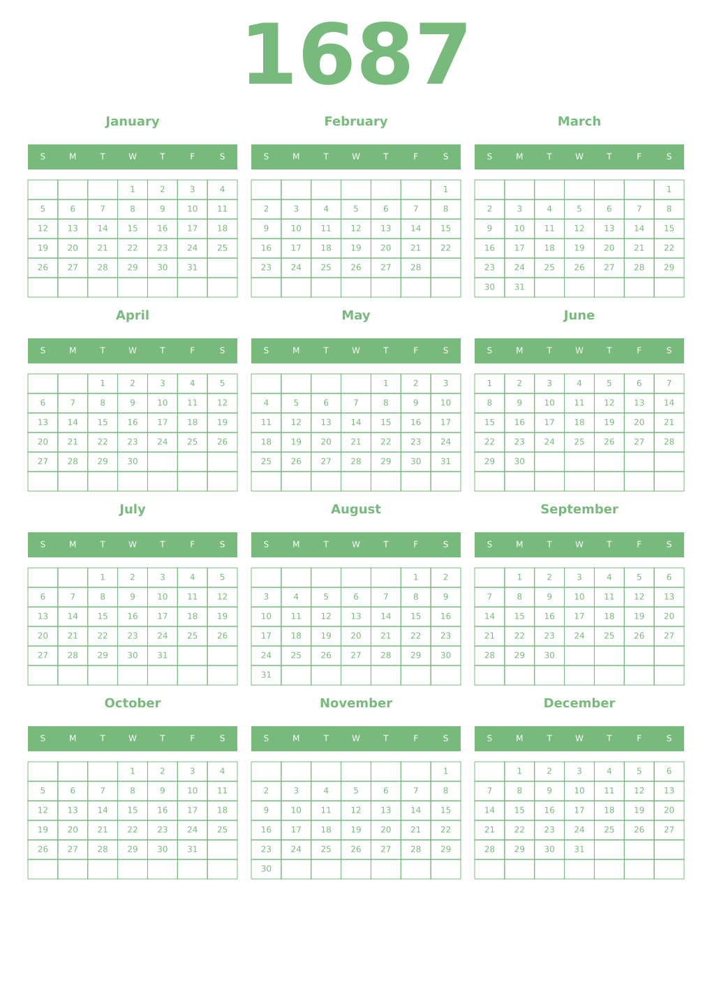 Printable 1687 Year Calendars celadon