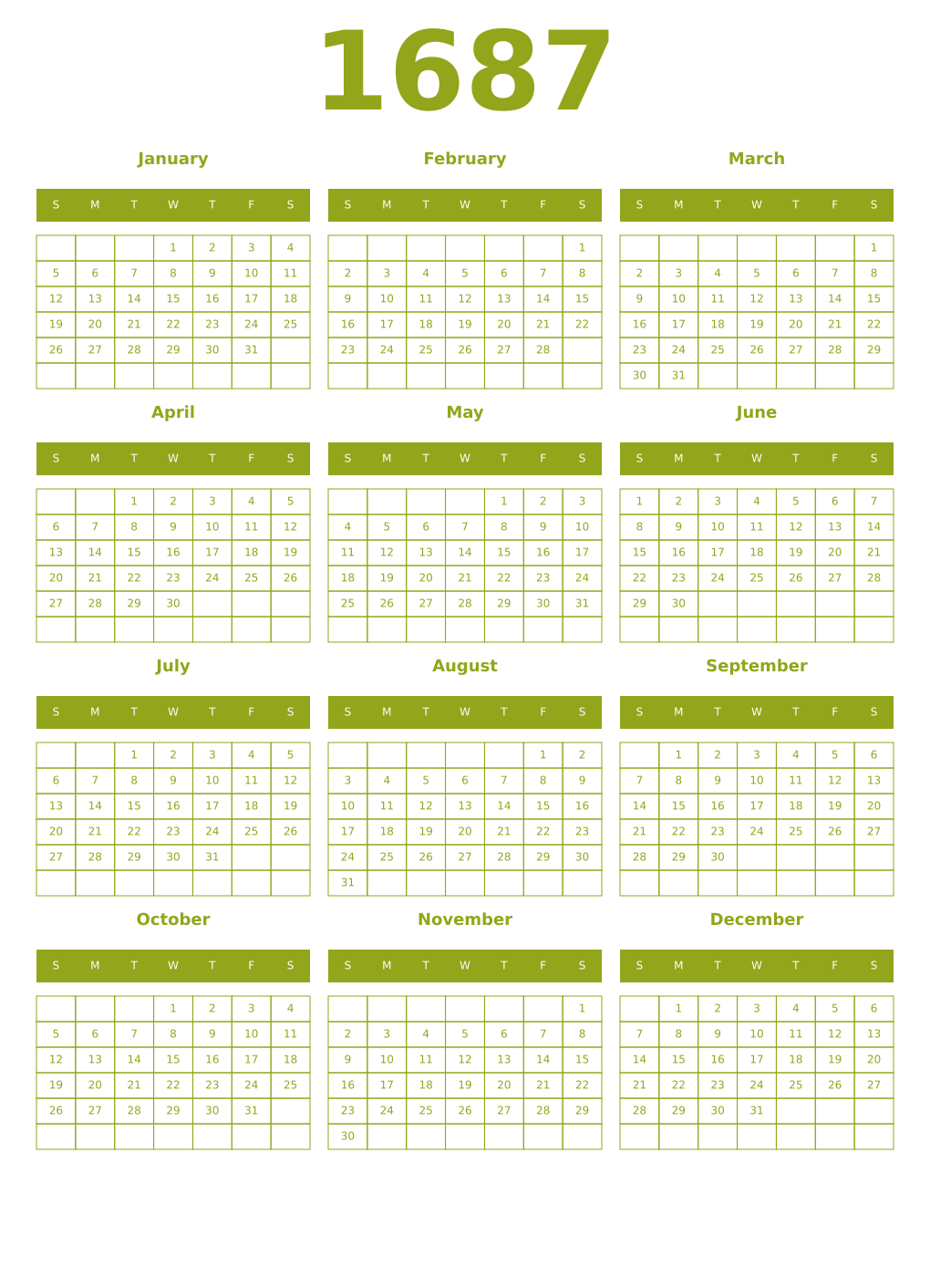 Printable 1687 Year Calendars chartreuse