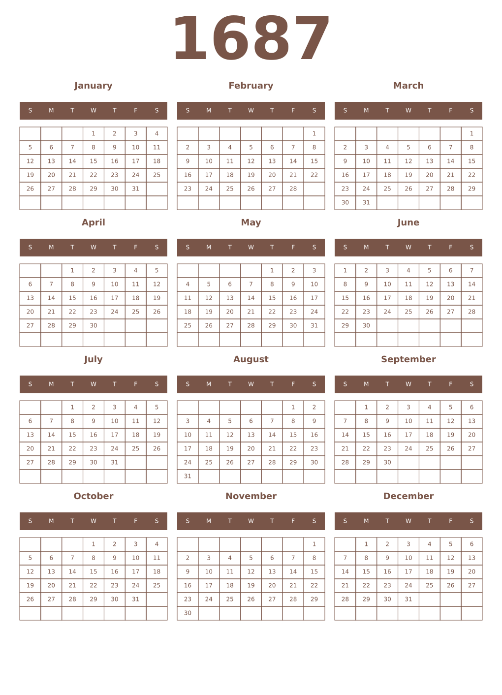Printable 1687 Year Calendars coffe