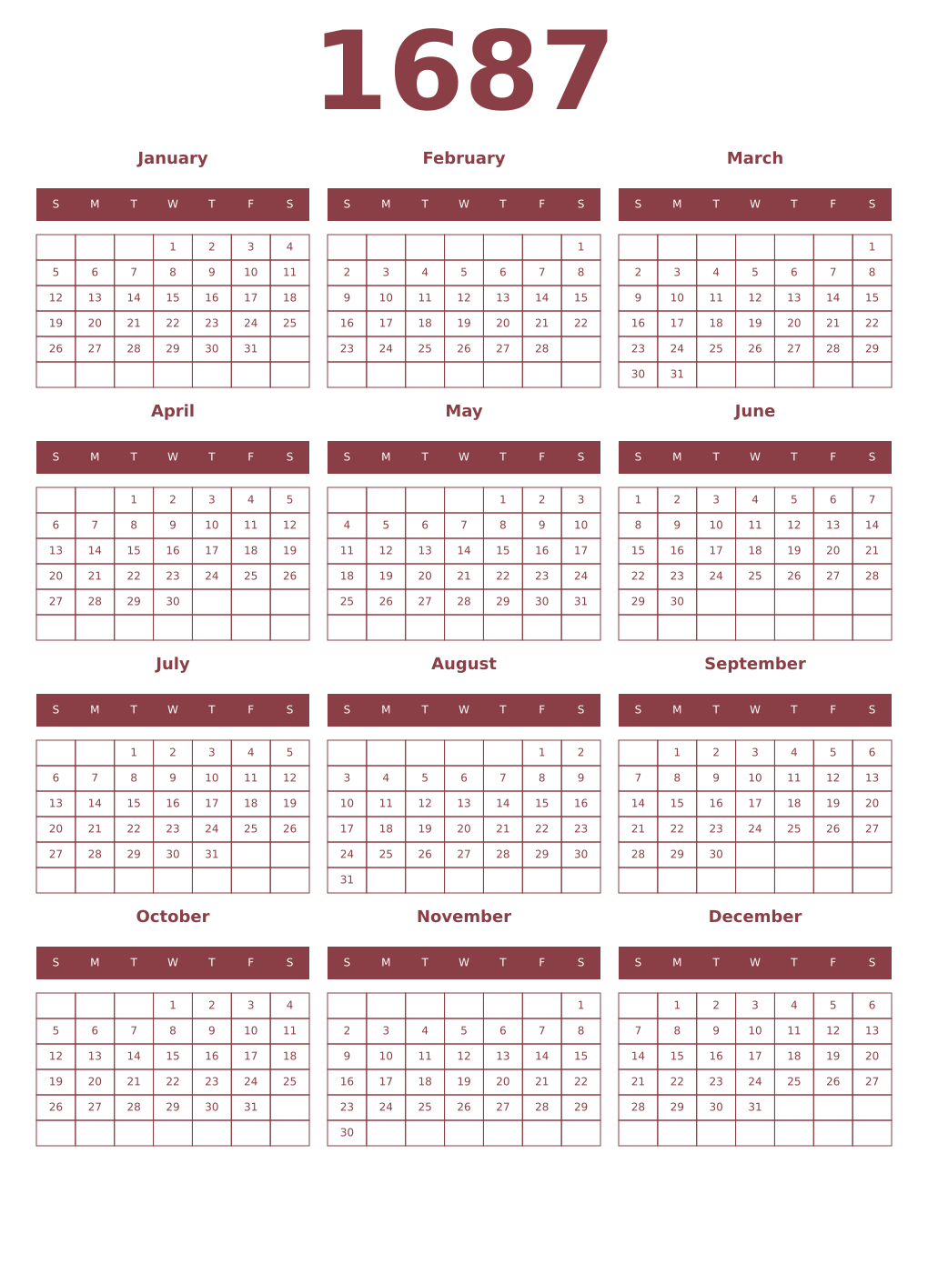 Printable 1687 Year Calendars cordovan